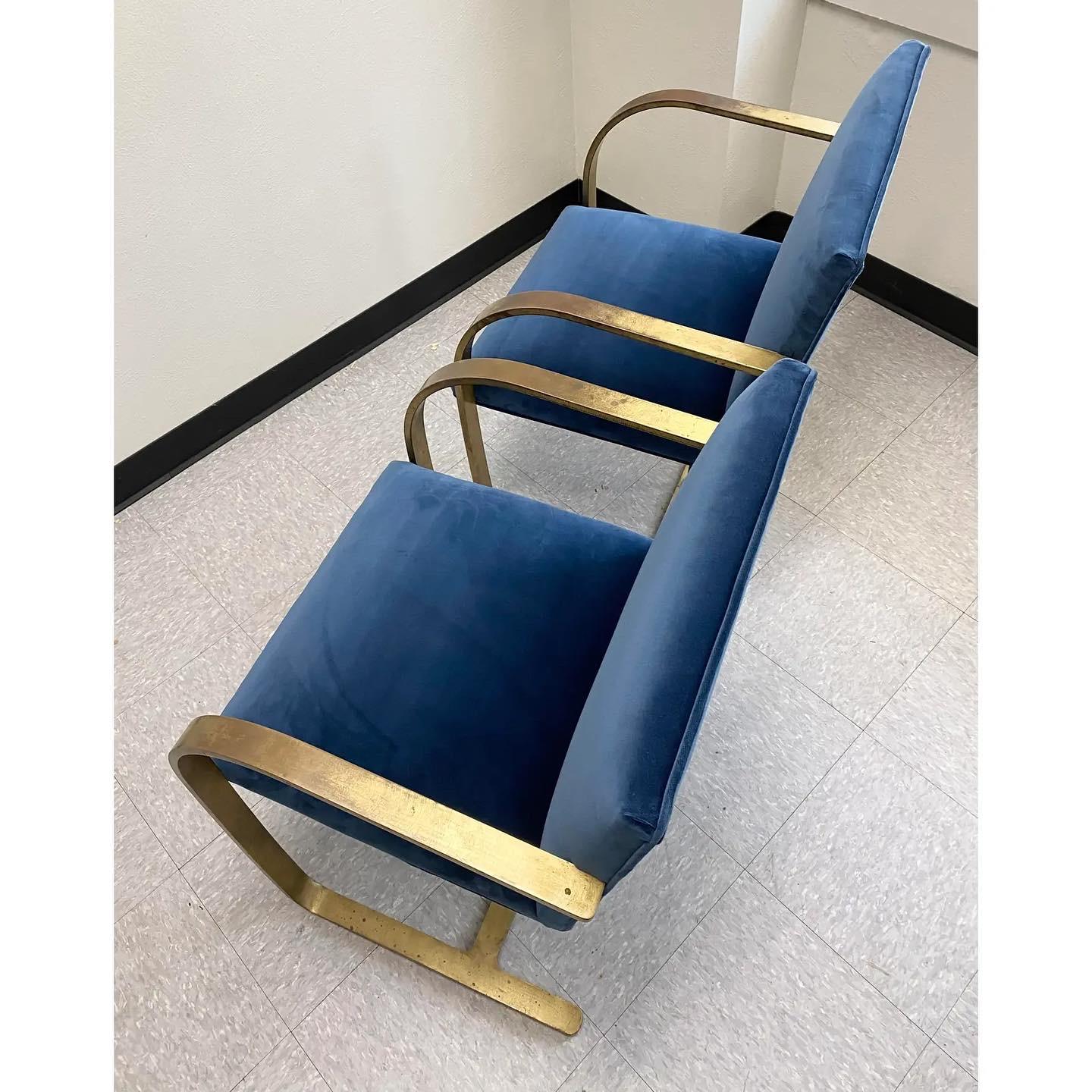 Blue Velvet Brass Mies Van Der Rohe Chairs, Set of 4 For Sale 4