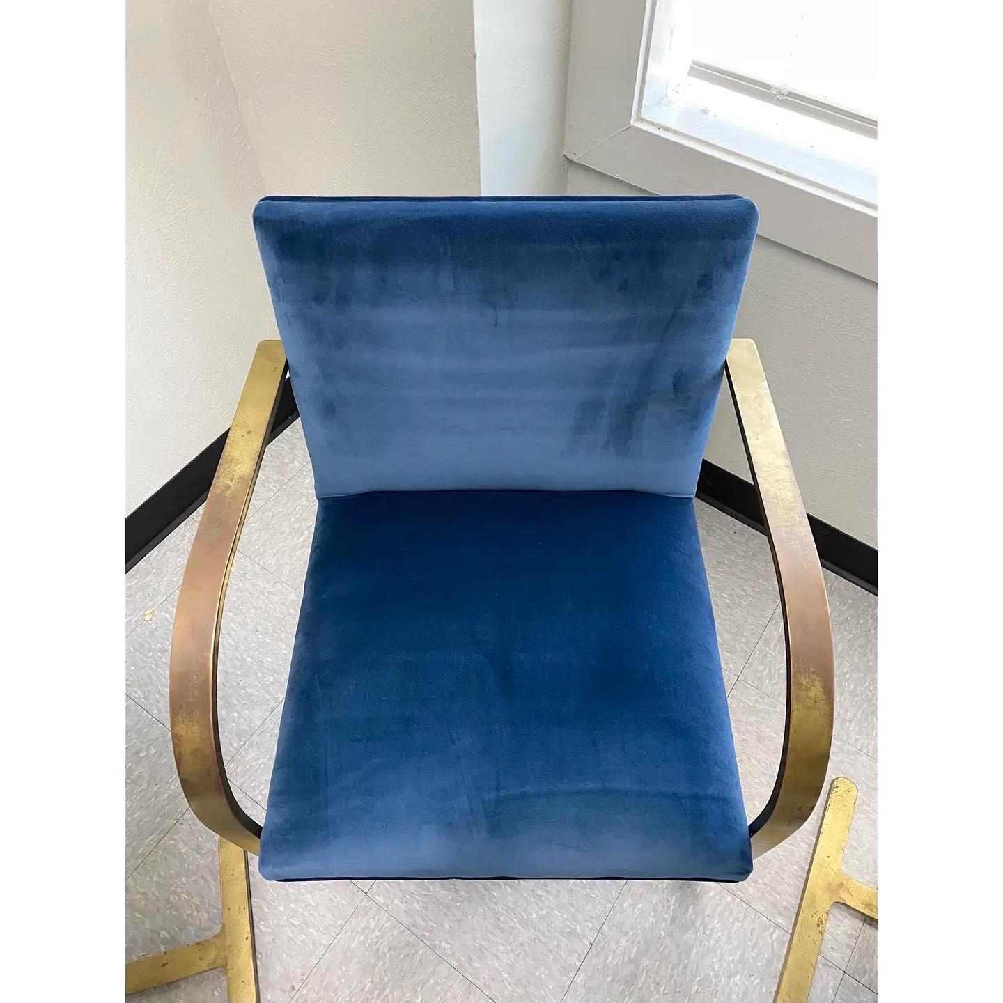 Blue Velvet Brass Mies Van Der Rohe Chairs, Set of 4 For Sale 5