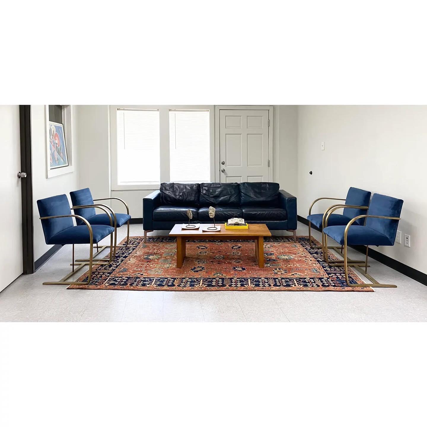 Mid-Century Modern Blue Velvet Brass Mies Van Der Rohe Chairs, Set of 4 For Sale
