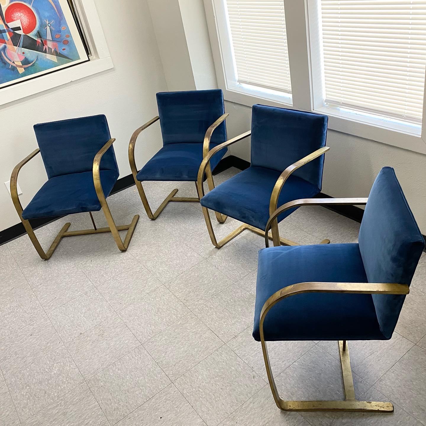 American Blue Velvet Brass Mies Van Der Rohe Chairs, Set of 4 For Sale