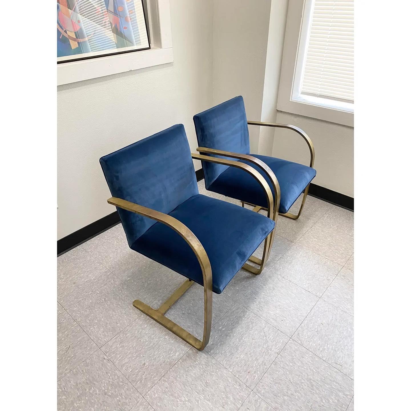 Welded Blue Velvet Brass Mies Van Der Rohe Chairs, Set of 4 For Sale