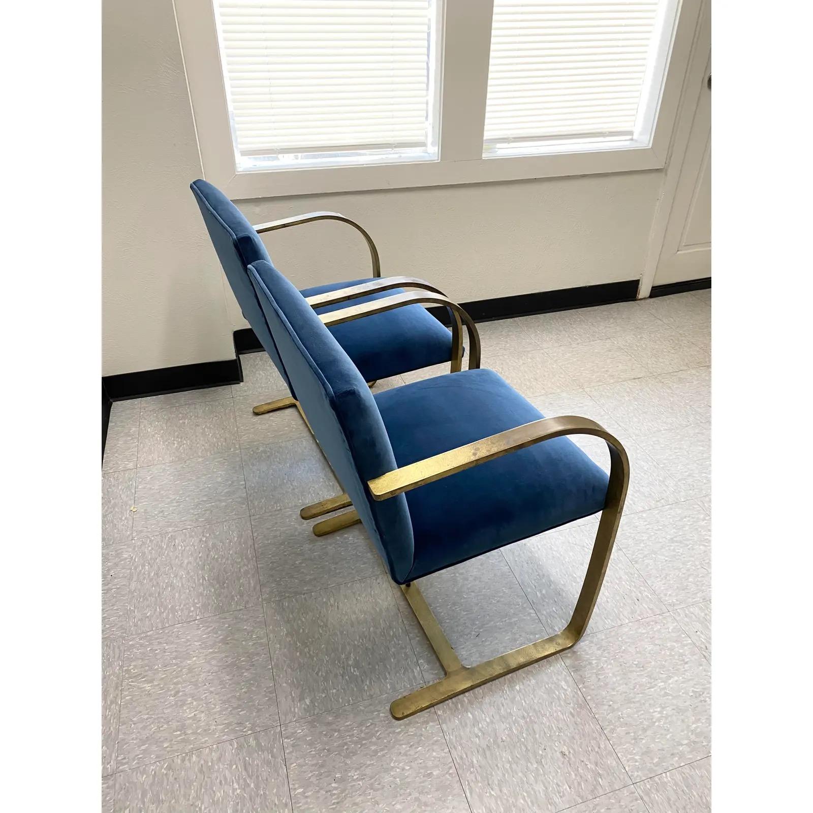 Blue Velvet Brass Mies Van Der Rohe Chairs, Set of 4 In Good Condition For Sale In Round Top, TX