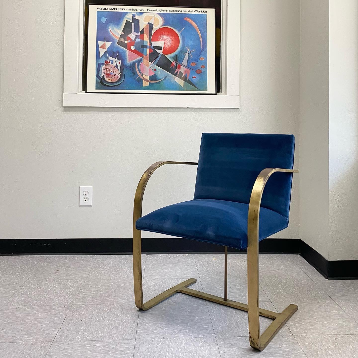 20th Century Blue Velvet Brass Mies Van Der Rohe Chairs, Set of 4 For Sale