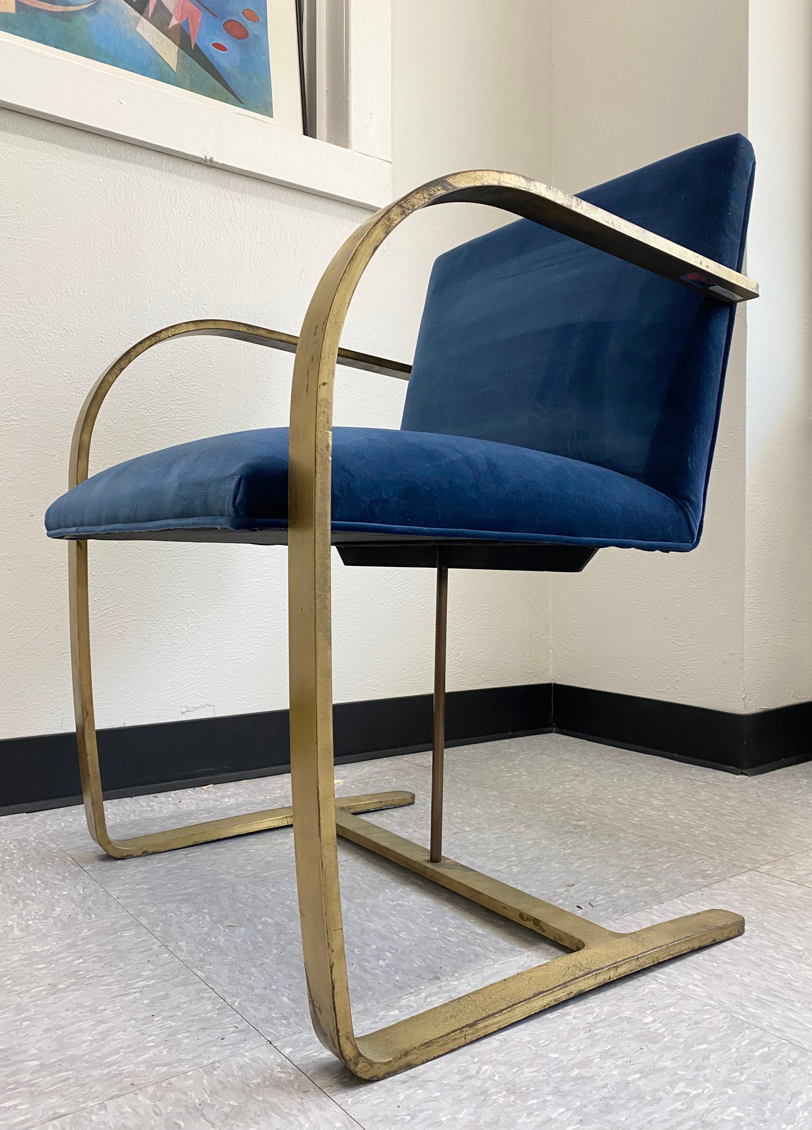 Blue Velvet Brass Mies Van Der Rohe Chairs, Set of 4 For Sale 1