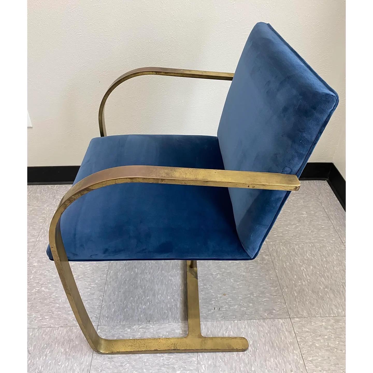 Blue Velvet Brass Mies Van Der Rohe Chairs, Set of 4 For Sale 2