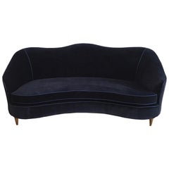 Blue Velvet Curved Sofa, 1950s, Ico Parisi Style