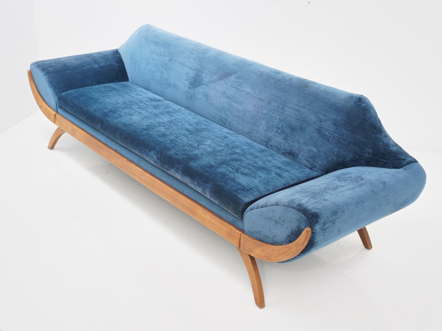 Mid-Century Modern Blue Velvet Gondola Sofa, 1970s