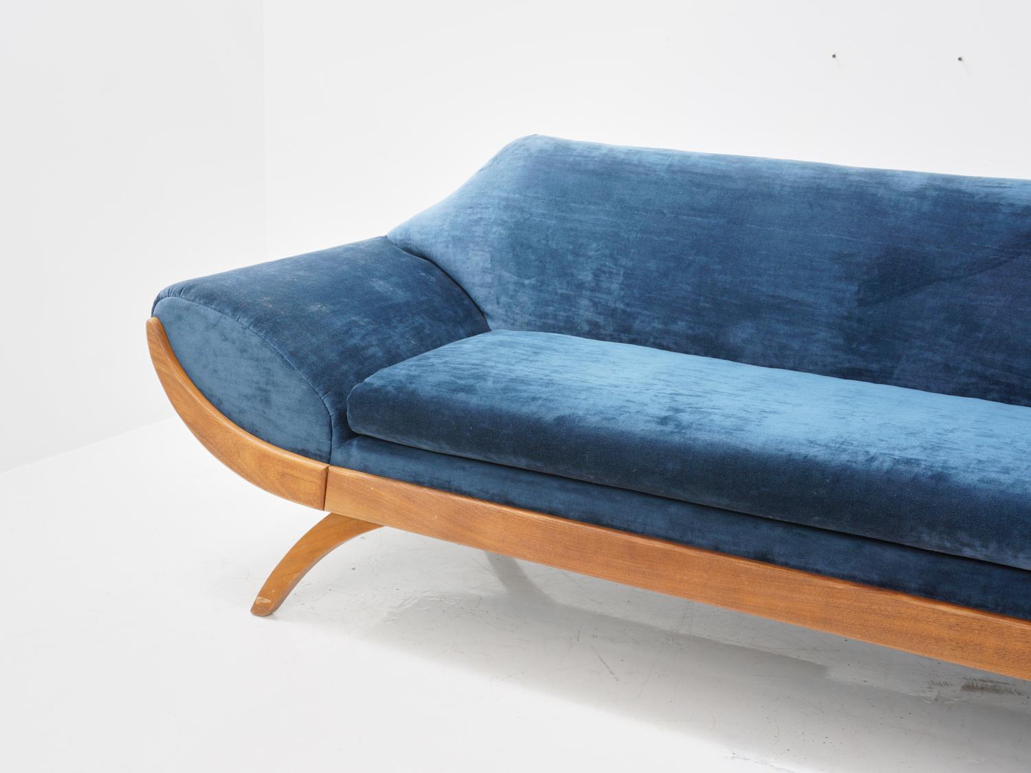 Blue Velvet Gondola Sofa, 1970s In Excellent Condition In Philadelphia, PA