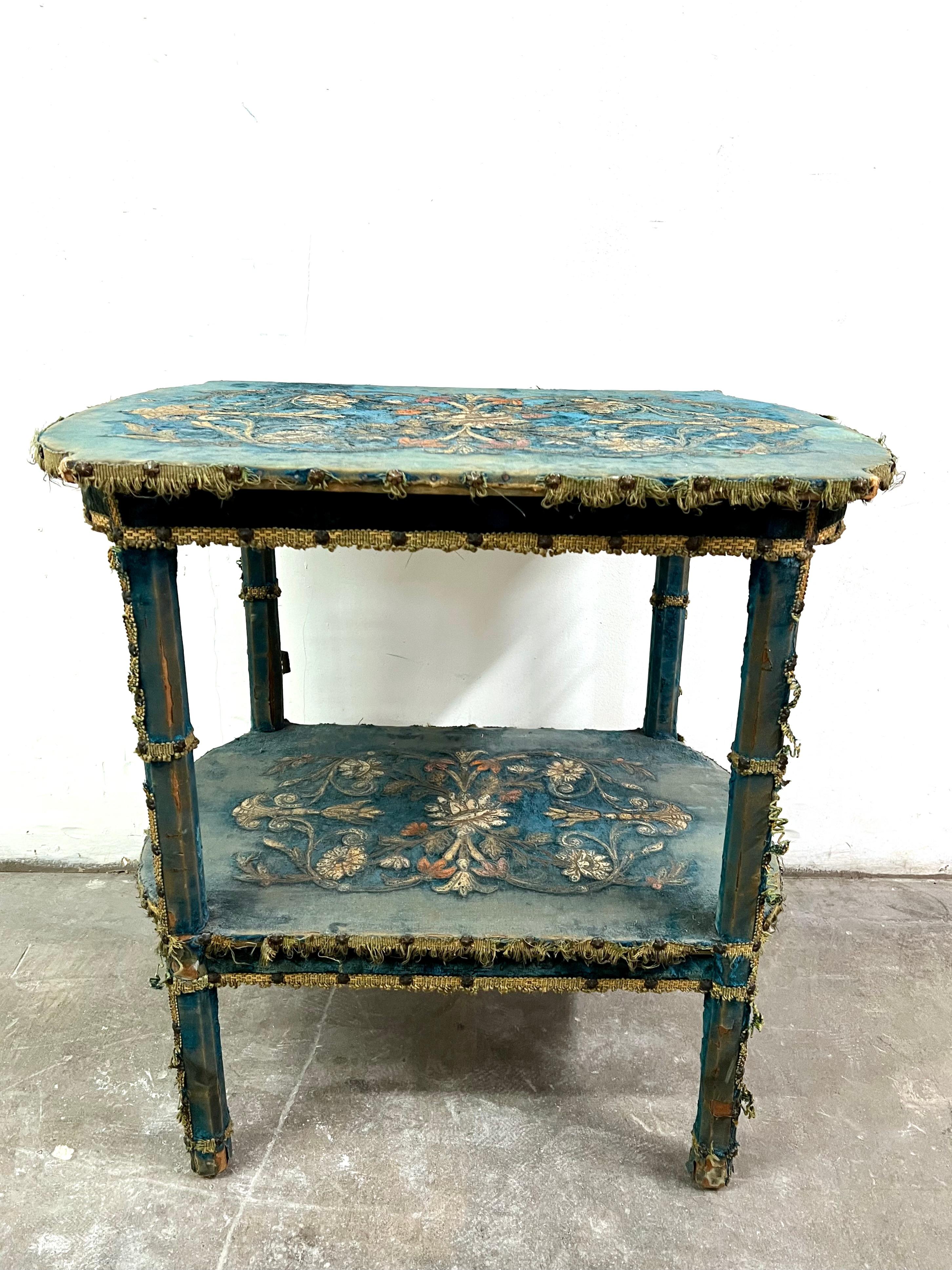 Embroidered Blue Velvet Lined Victorian Table with Floral Detail