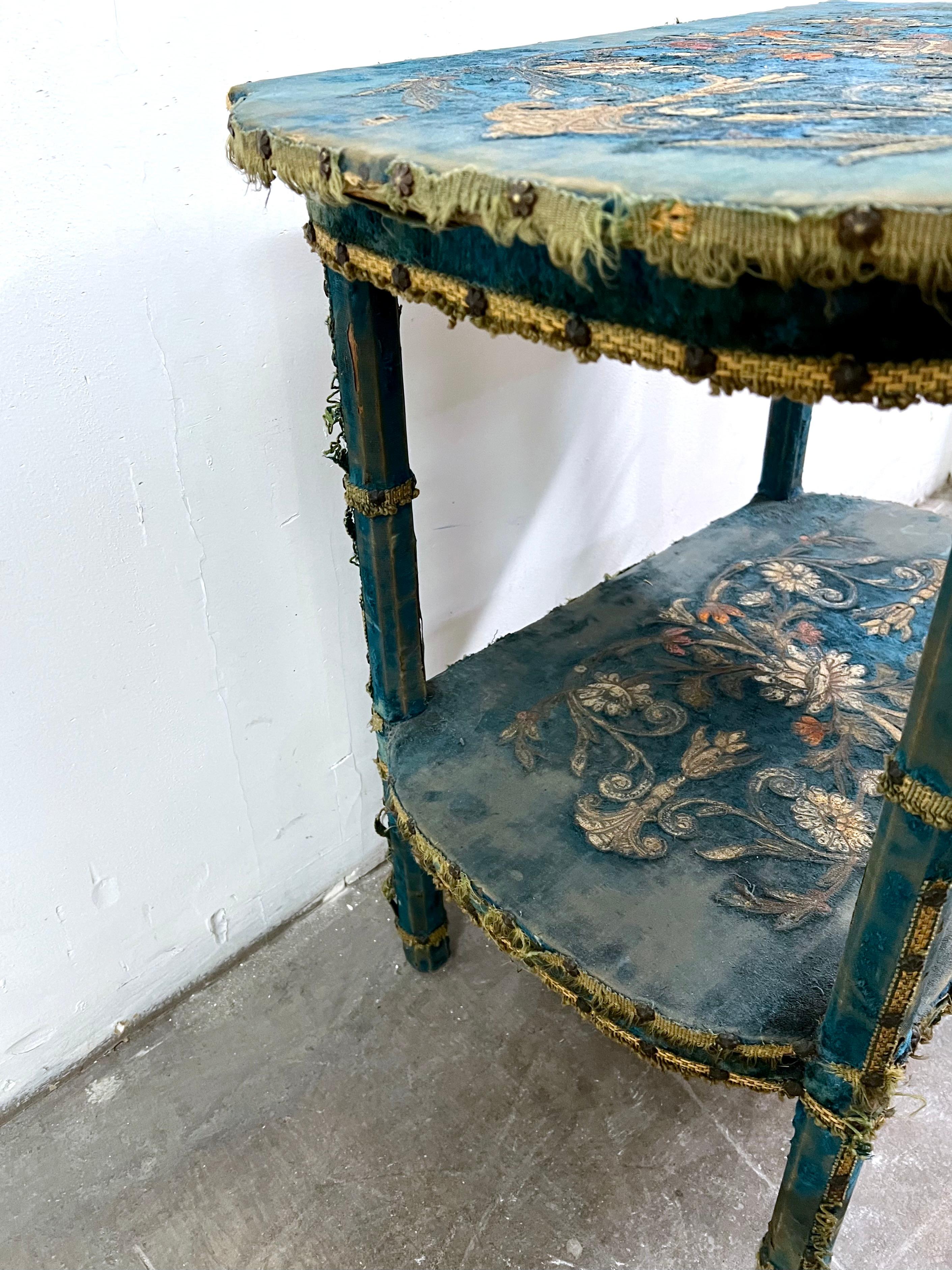 Blue Velvet Lined Victorian Table with Floral Detail In Good Condition In Los Angeles, CA