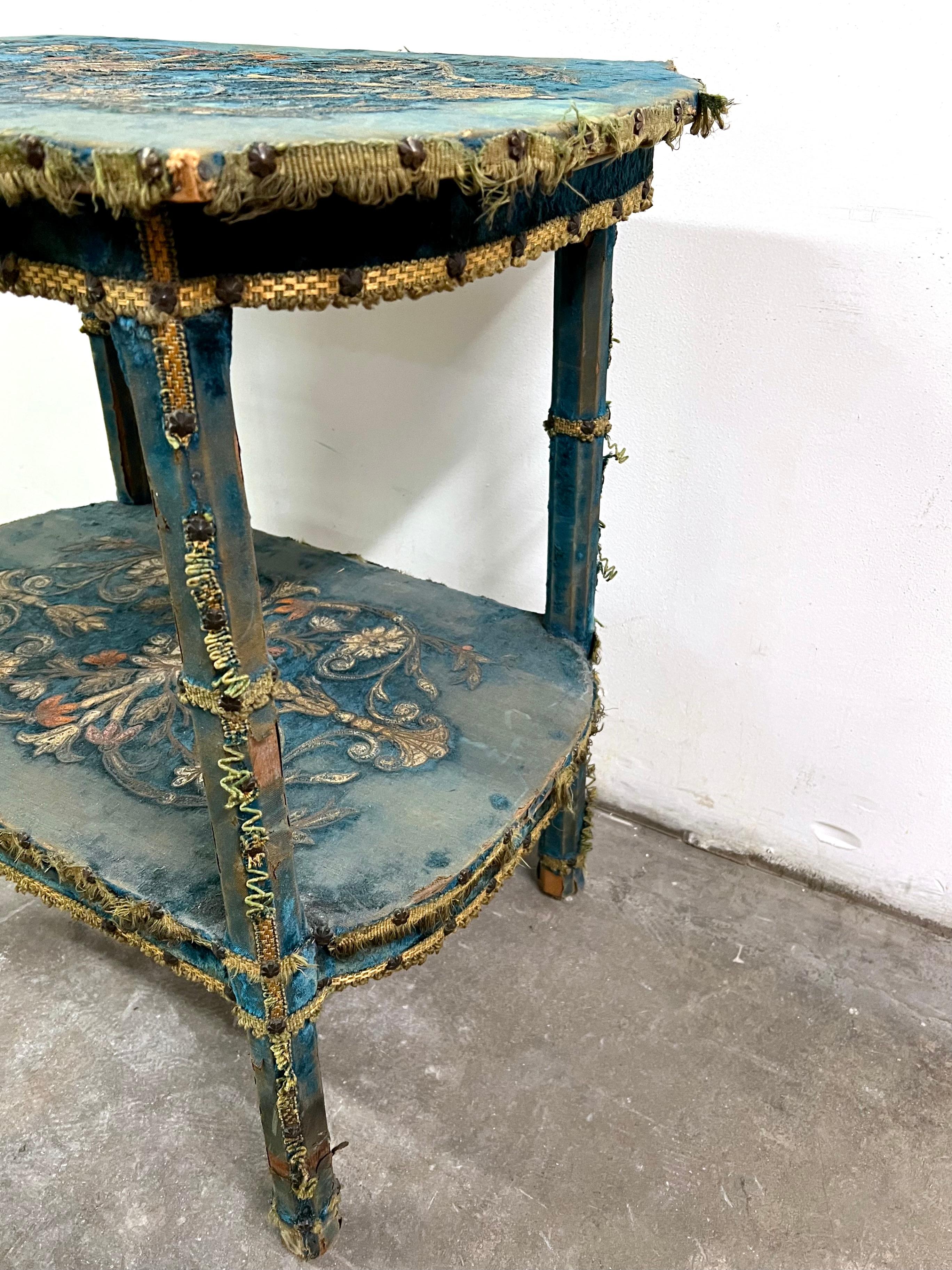 Blue Velvet Lined Victorian Table with Floral Detail 3