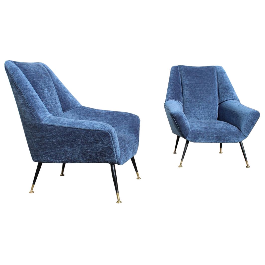 Blue Velvet Mid-Century Italian Pair of Armchairs Brass Gold Feet, 1950s