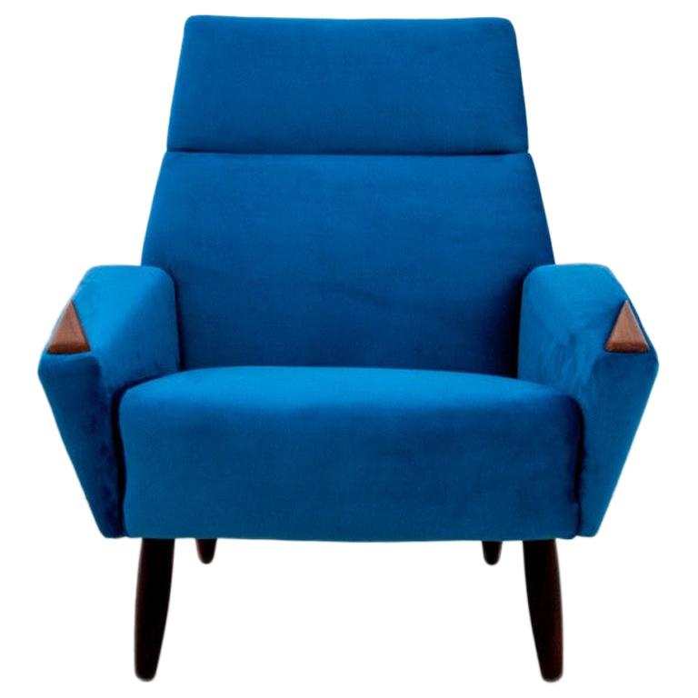 Blue Velvet Modern Armchair, Danish Design, 1970s