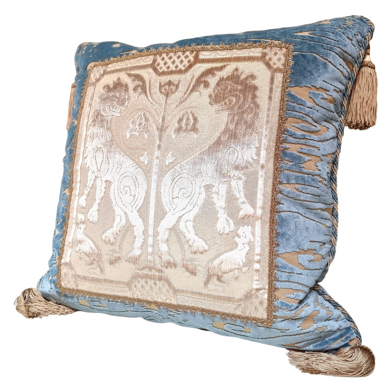 Italian Sky Blue Throw Pillow in Luigi Bevilacqua Radica Velvet with Framed Front Panel For Sale