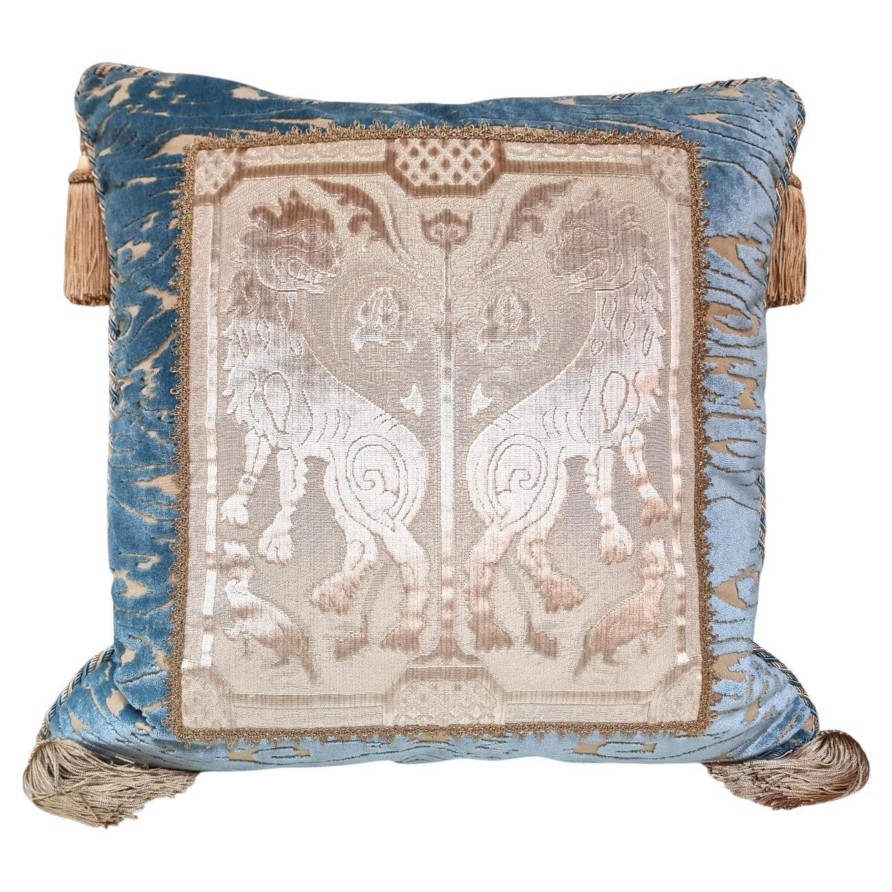 Sky Blue Throw Pillow in Luigi Bevilacqua Radica Velvet with Framed Front Panel For Sale