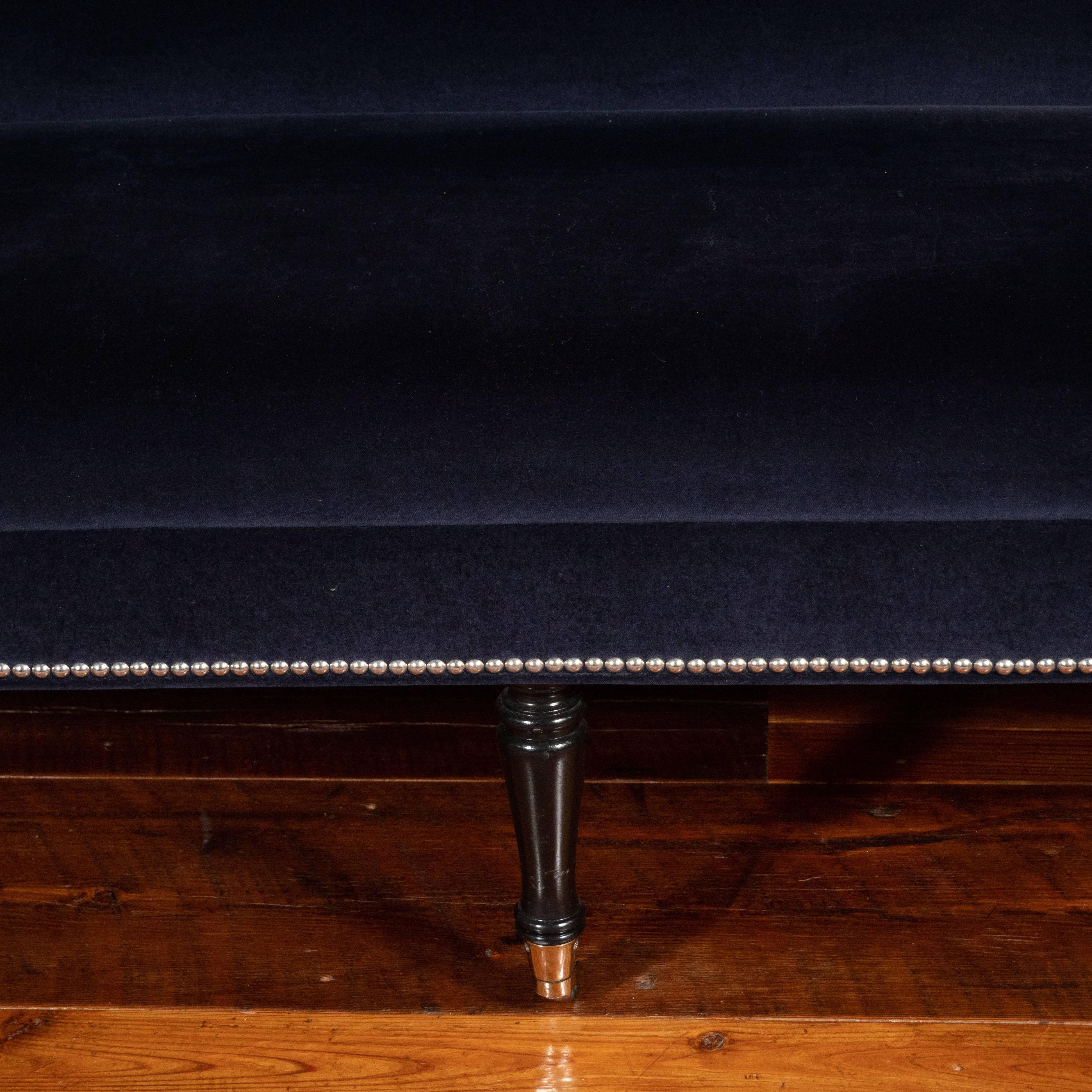 Barclay Butera Ridgecrest loveseat 
Blue velvet with nailheads applied around perimeter. Front legs on casters. Slight wear to finish on back legs.


Total length 60', total depth 26