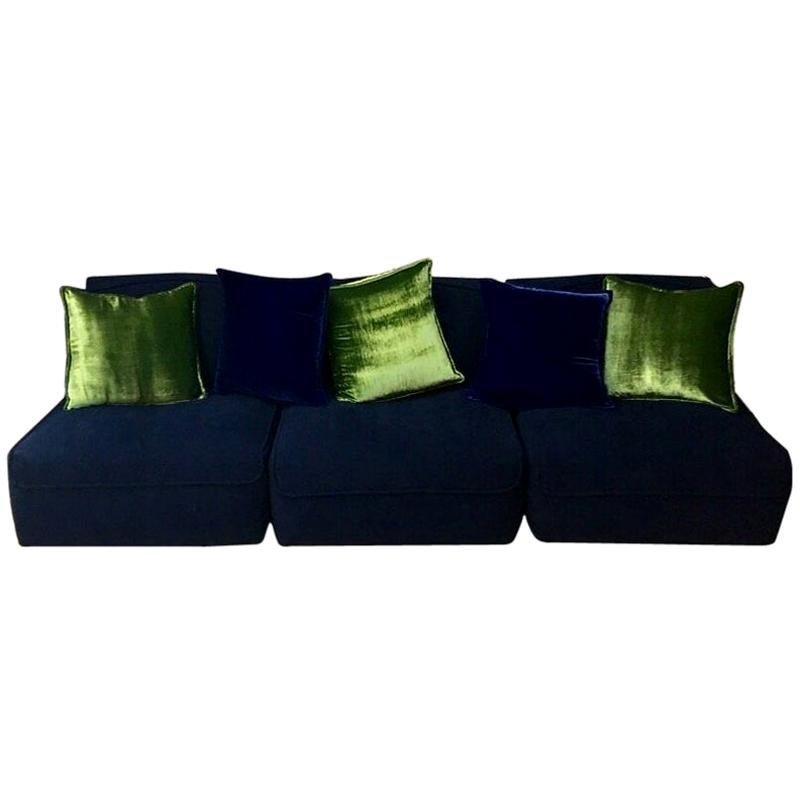 Blue Velvet Sectional Italian Sofa, Three Chair Pieces, 1970s