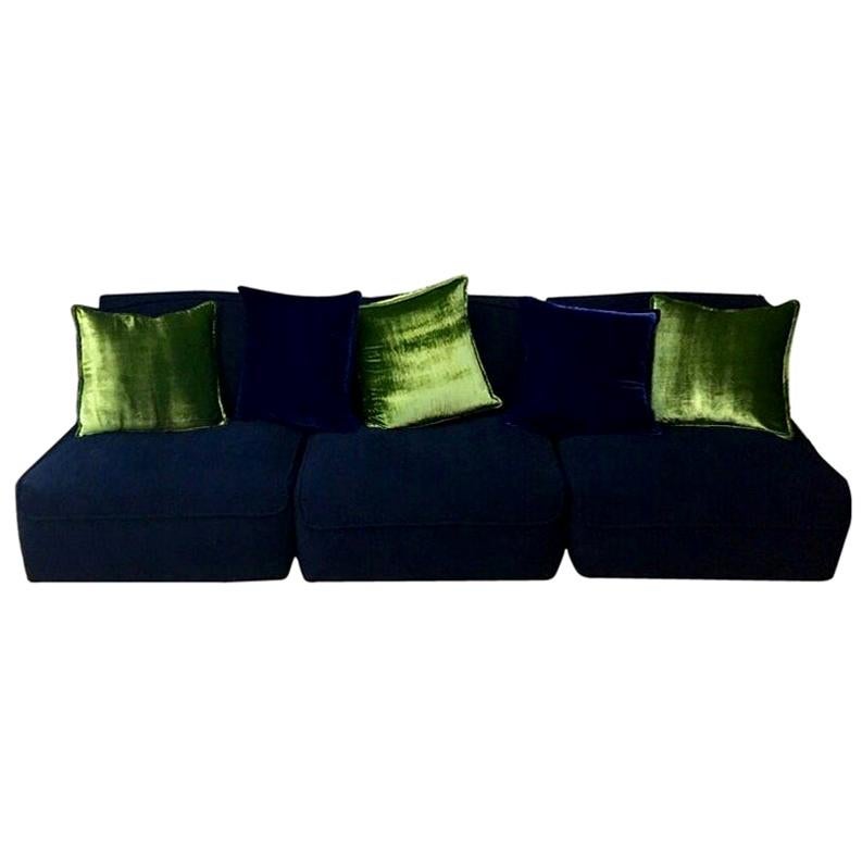 Blue Velvet Sectional Italian Sofa, Three Chair Pieces, 1970s