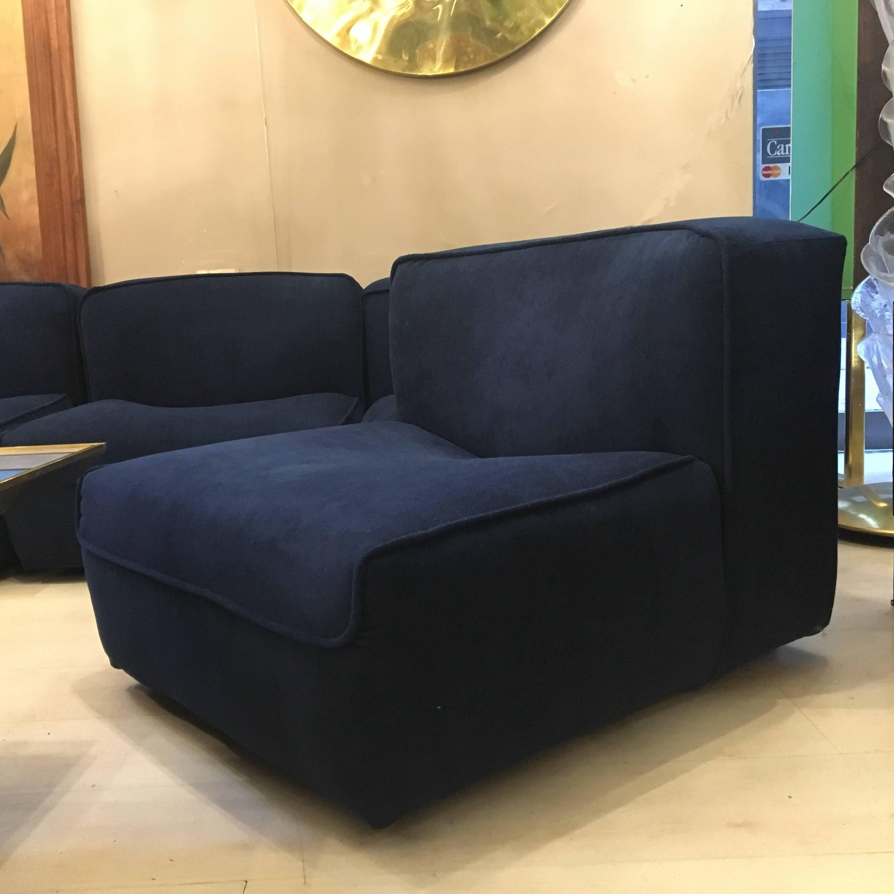 Blue Velvet Sectional Italian Sofa, Three Chair Pieces, 1970s 2