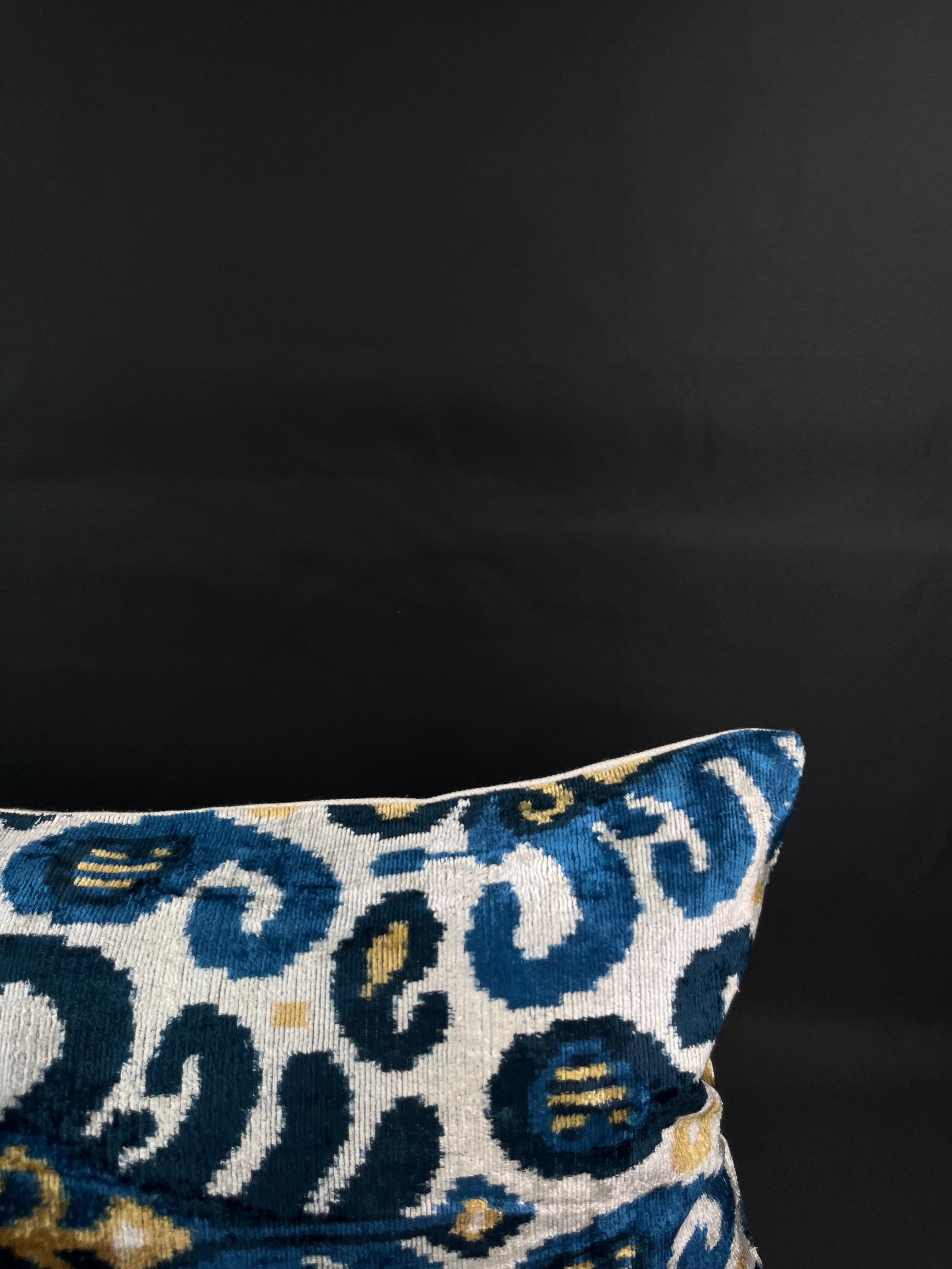 Modern Blue Velvet Silk Ikat Pillow Cover