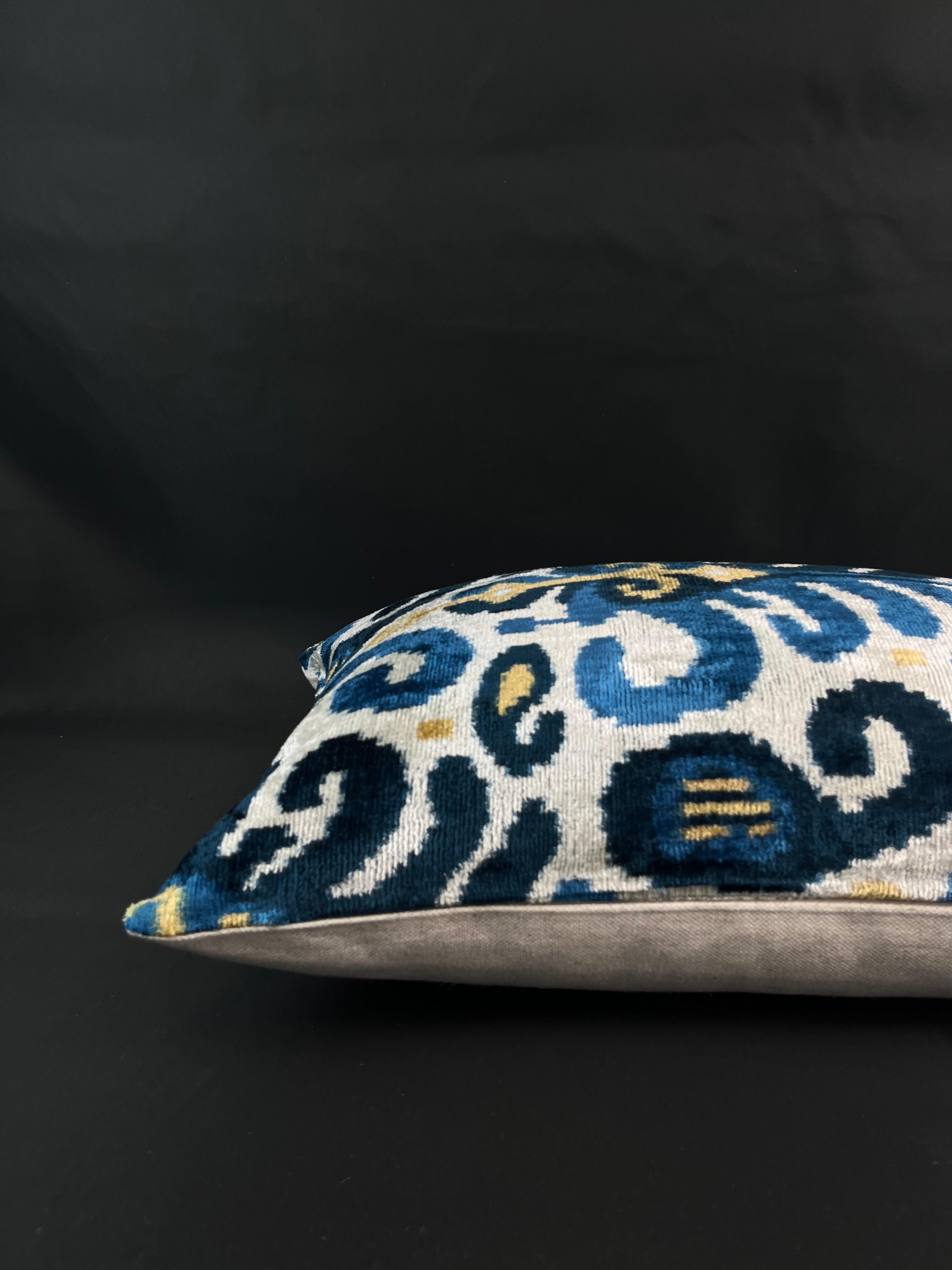 Turkish Blue Velvet Silk Ikat Pillow Cover