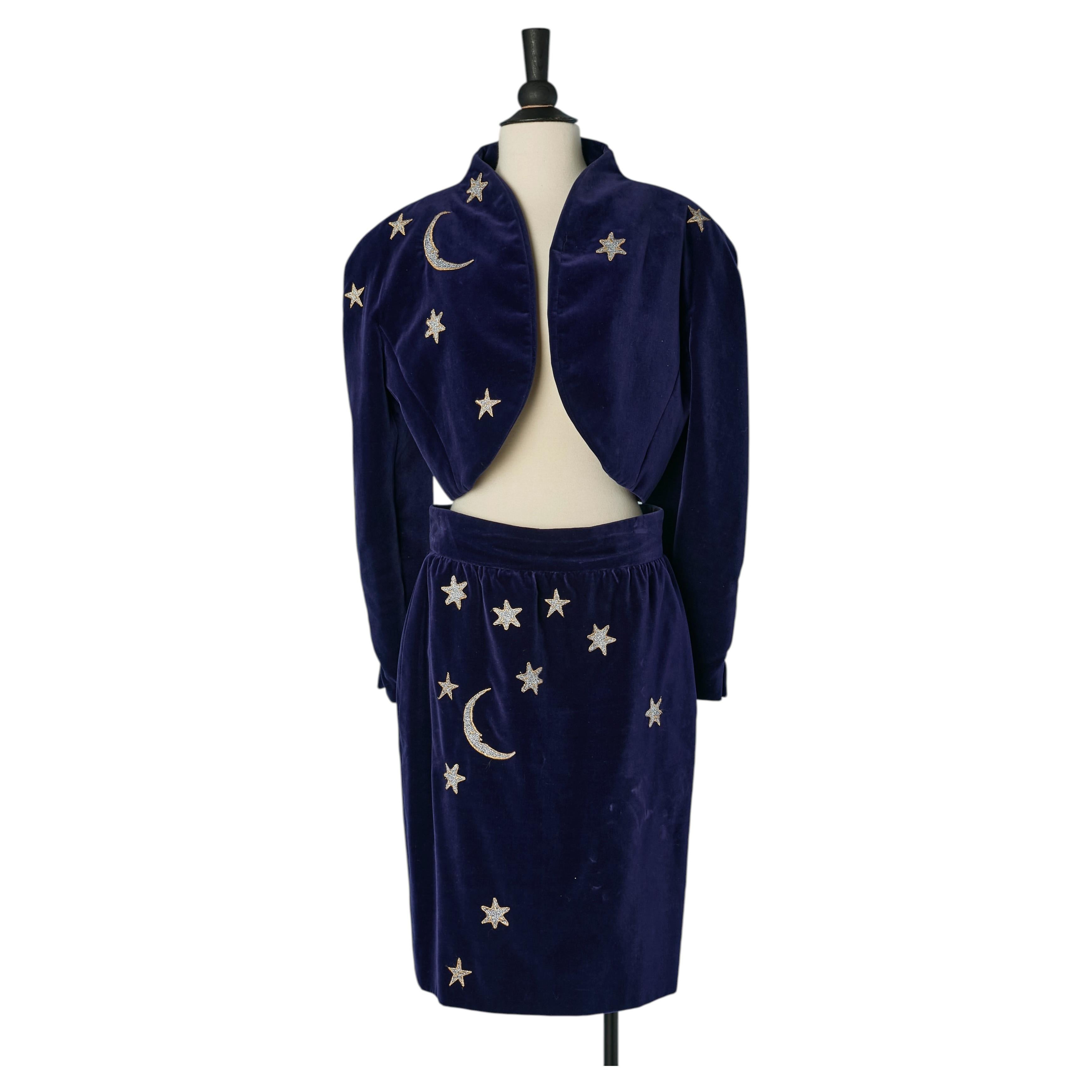 Blue velvet skirt suit with star embroideries YVES SAINT LAURENT RIVE GAUCHE For Sale