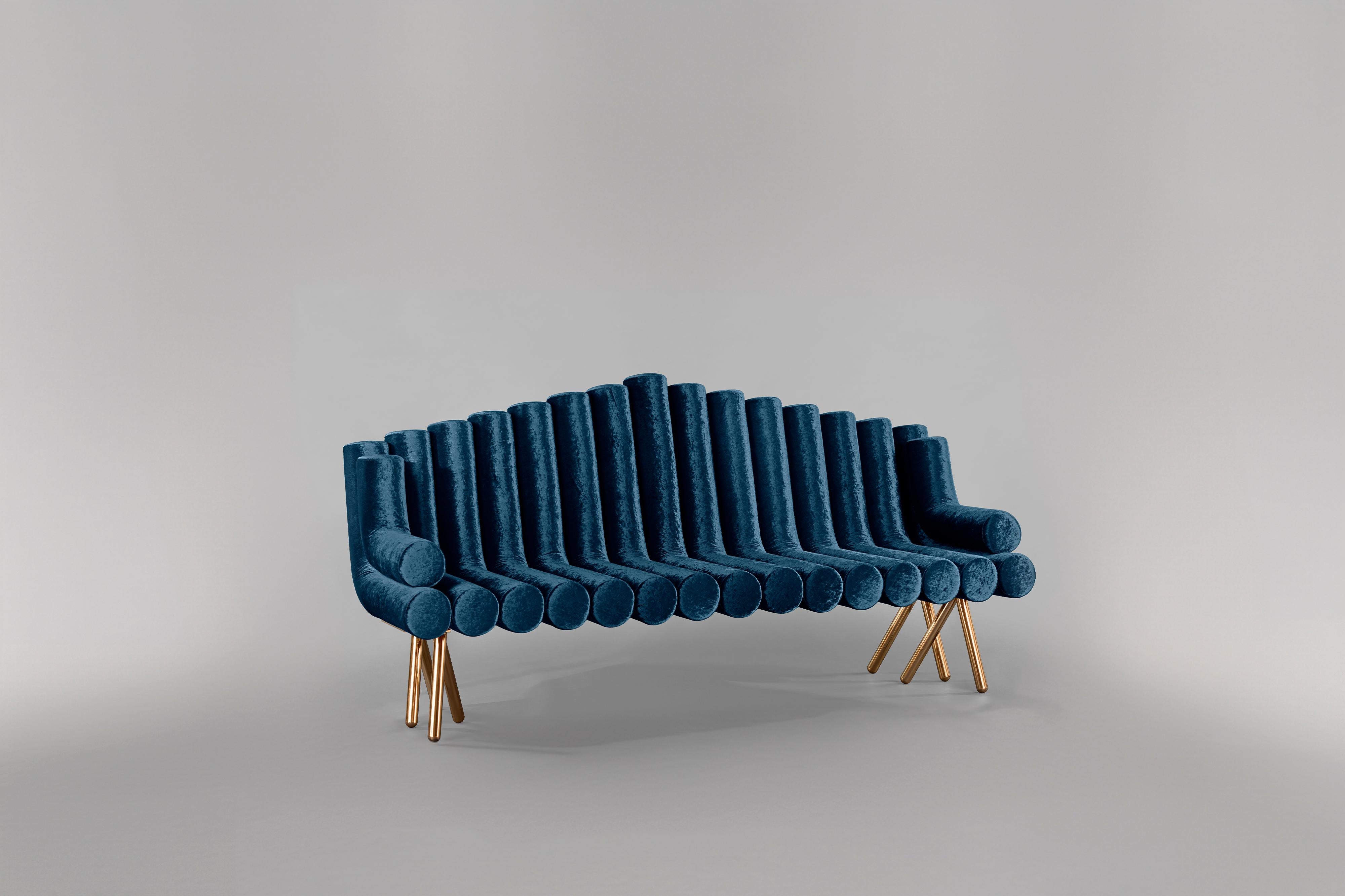 Art Deco Blue Velvet Sofa With Polished Brass Legs For Sale
