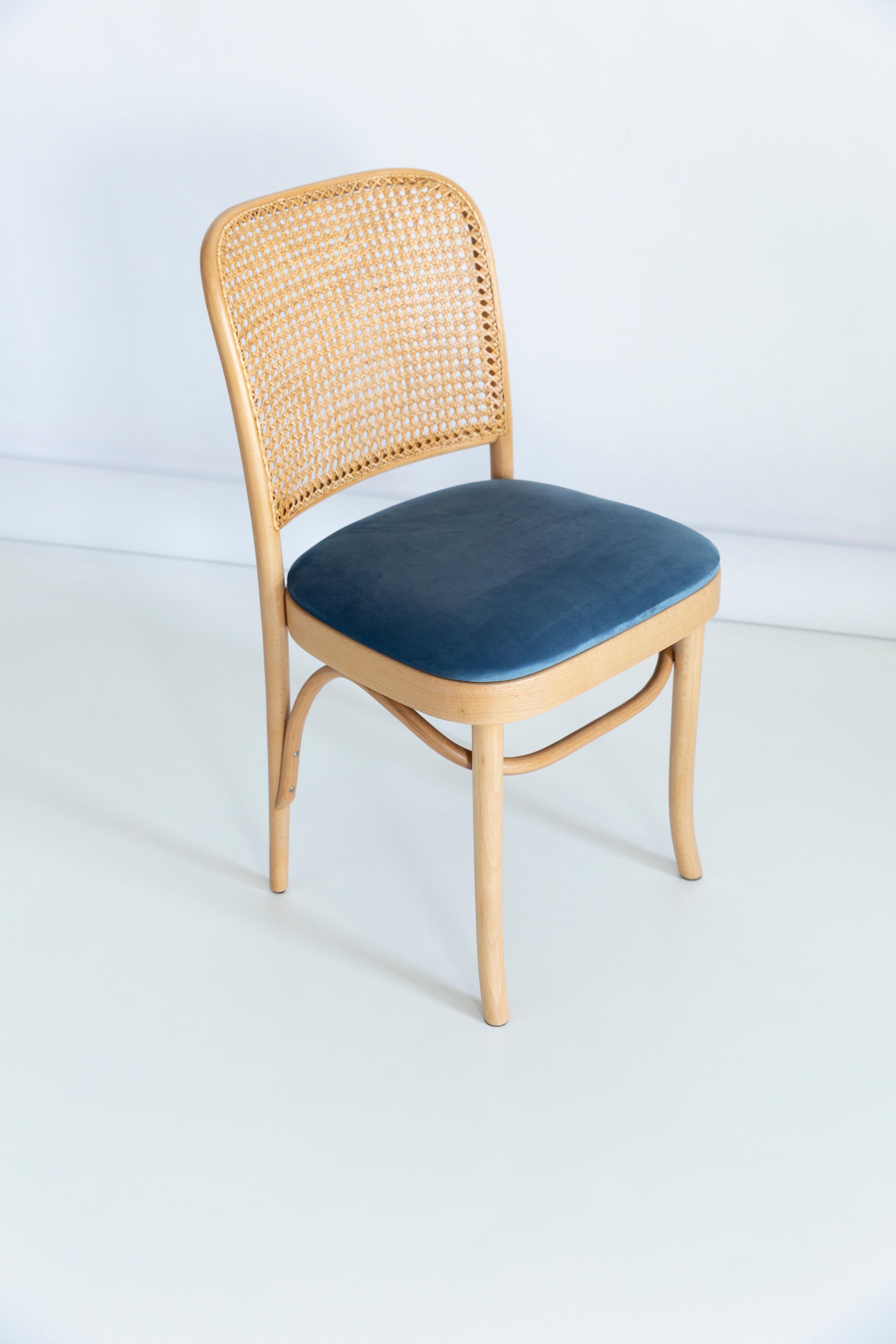 Schöner Stuhl aus Rattan, Samt und Holz. Sie wurden in der Holzverarbeitungsfabrik Thonet hergestellt und von uns gründlich renoviert. Die Konstruktion ist aus mit Wasserbeize hellbraun gefärbtem Buchenholz gefertigt. Die Stühle sind mit einem