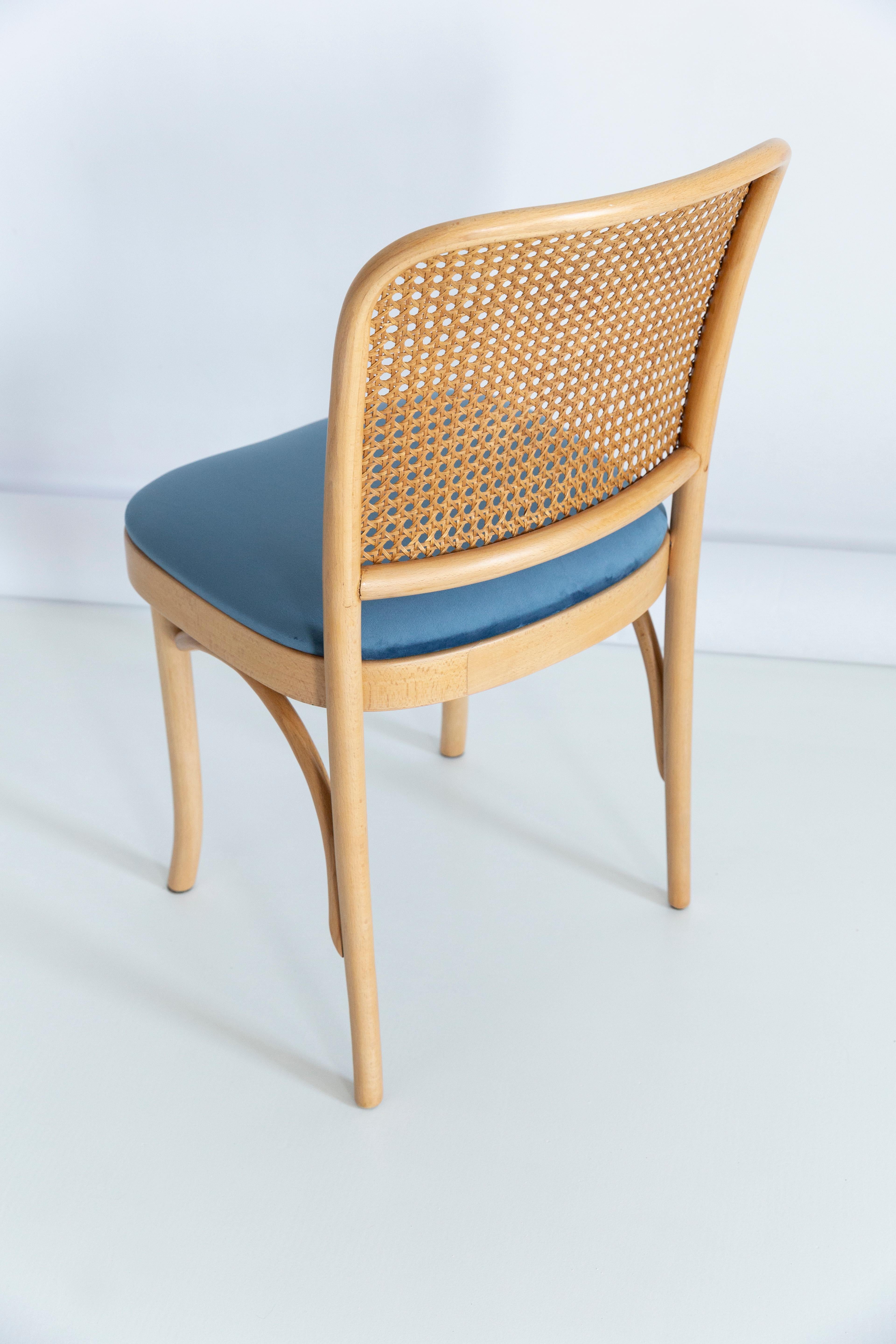 Blue Velvet Thonet Wood Rattan Chair, 1960s In Excellent Condition For Sale In 05-080 Hornowek, PL