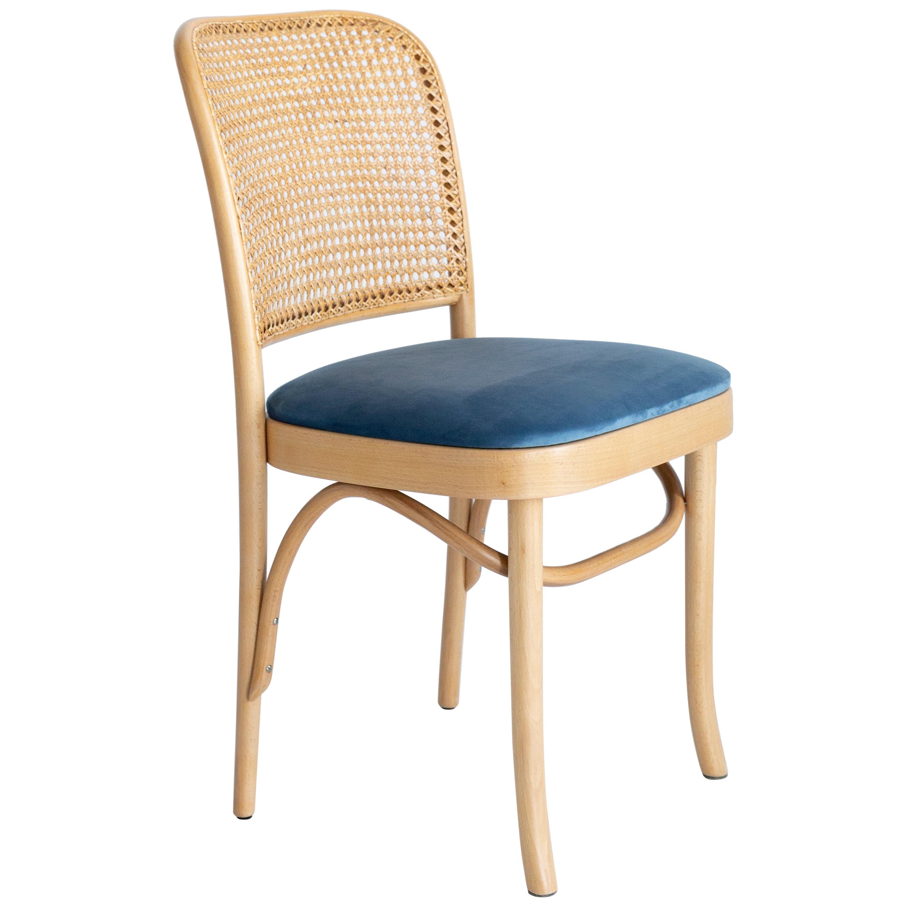 Blue Velvet Thonet Wood Rattan Chair, 1960s