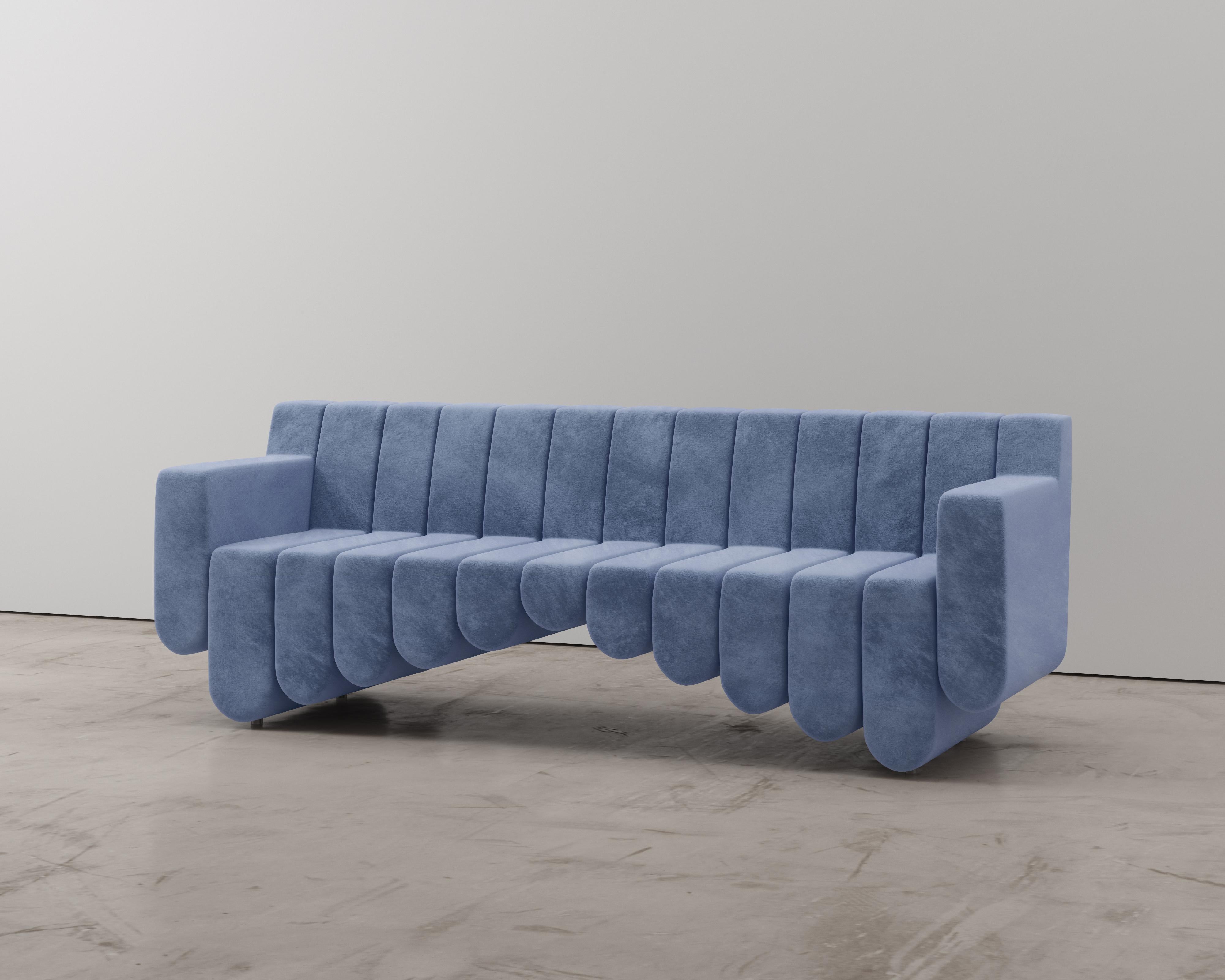 Art Deco Blue Velvet Three Seat Sofa For Sale