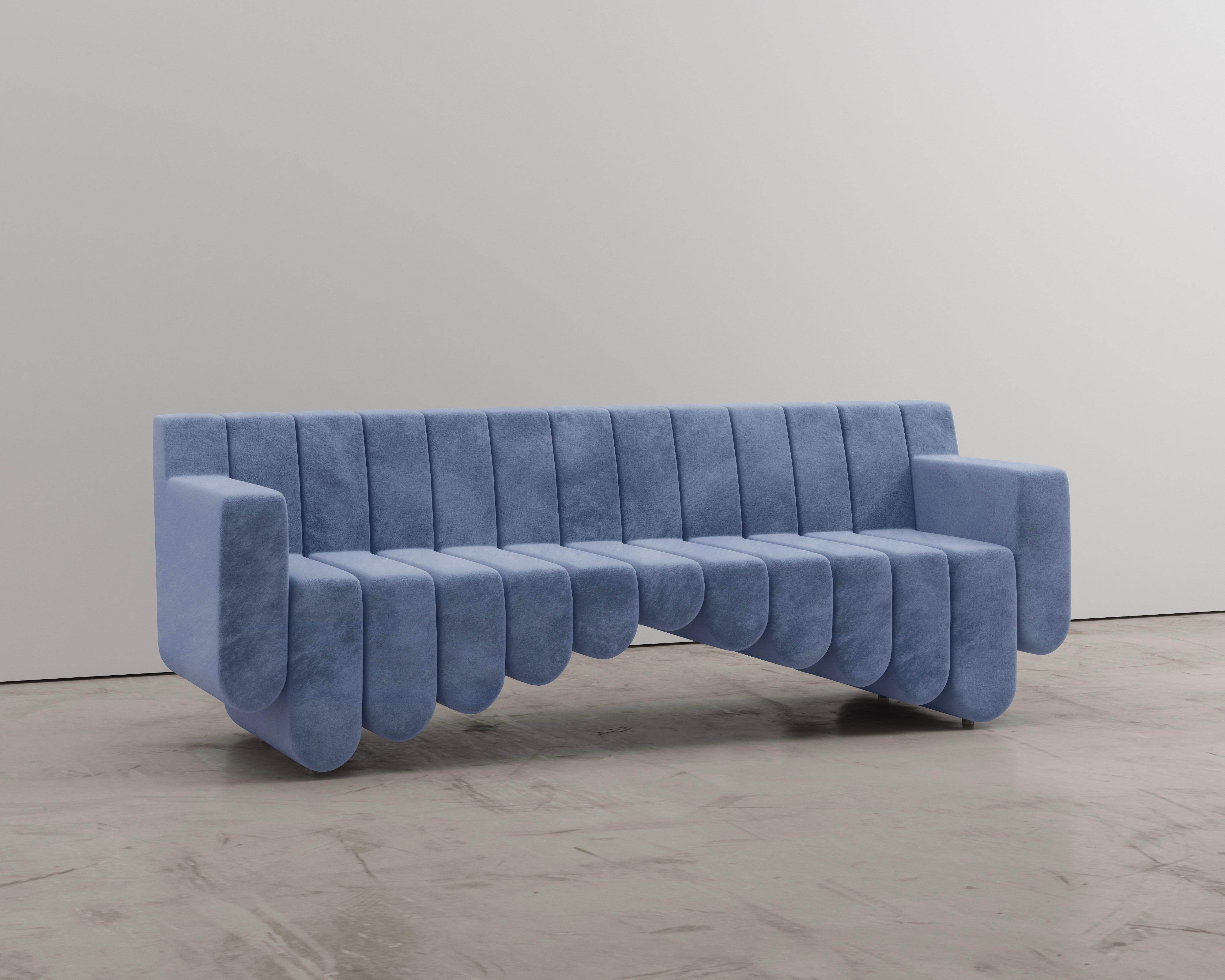 Canadian Blue Velvet Three Seat Sofa For Sale