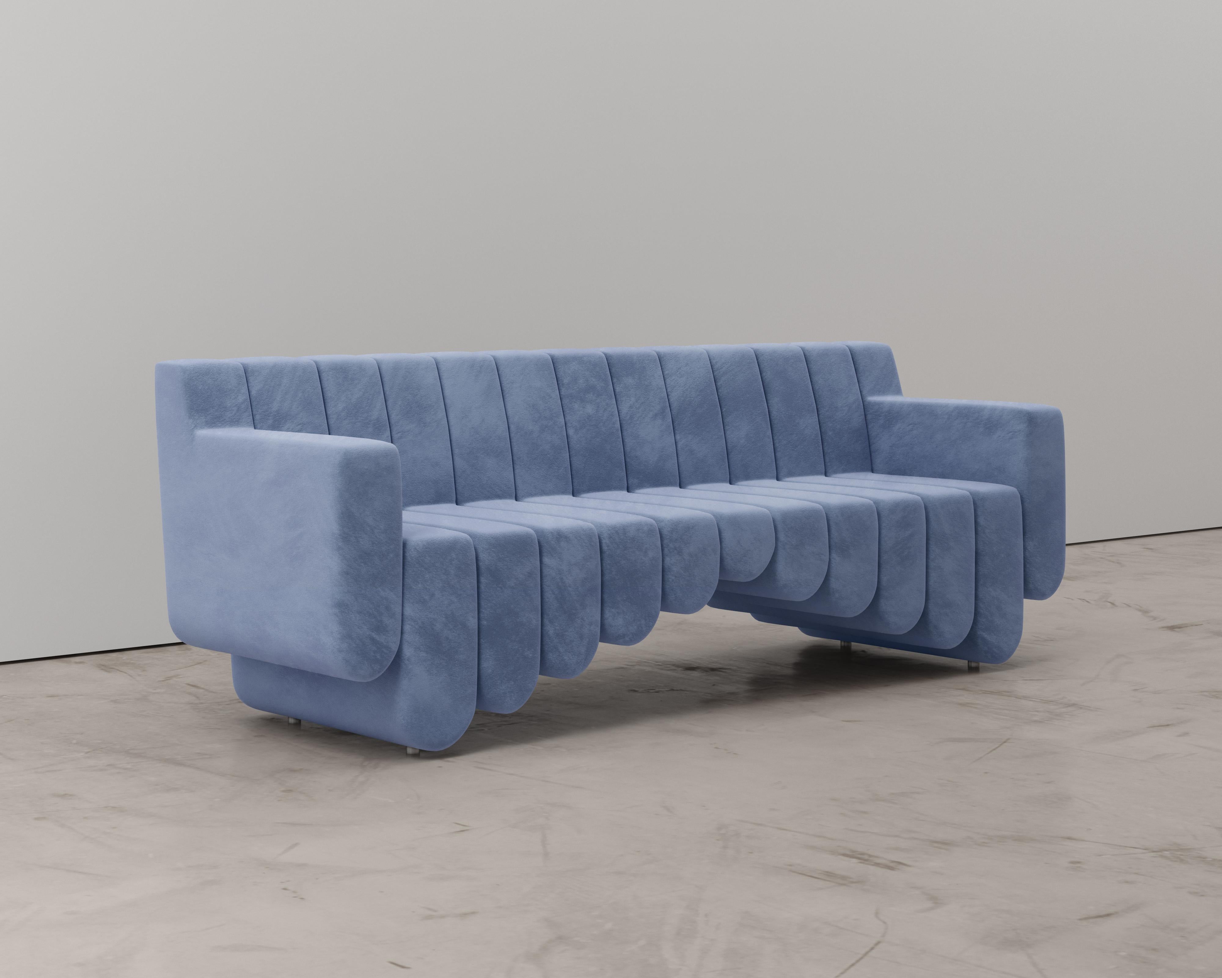 Blue Velvet Three Seat Sofa In New Condition For Sale In Toronto, Ontario