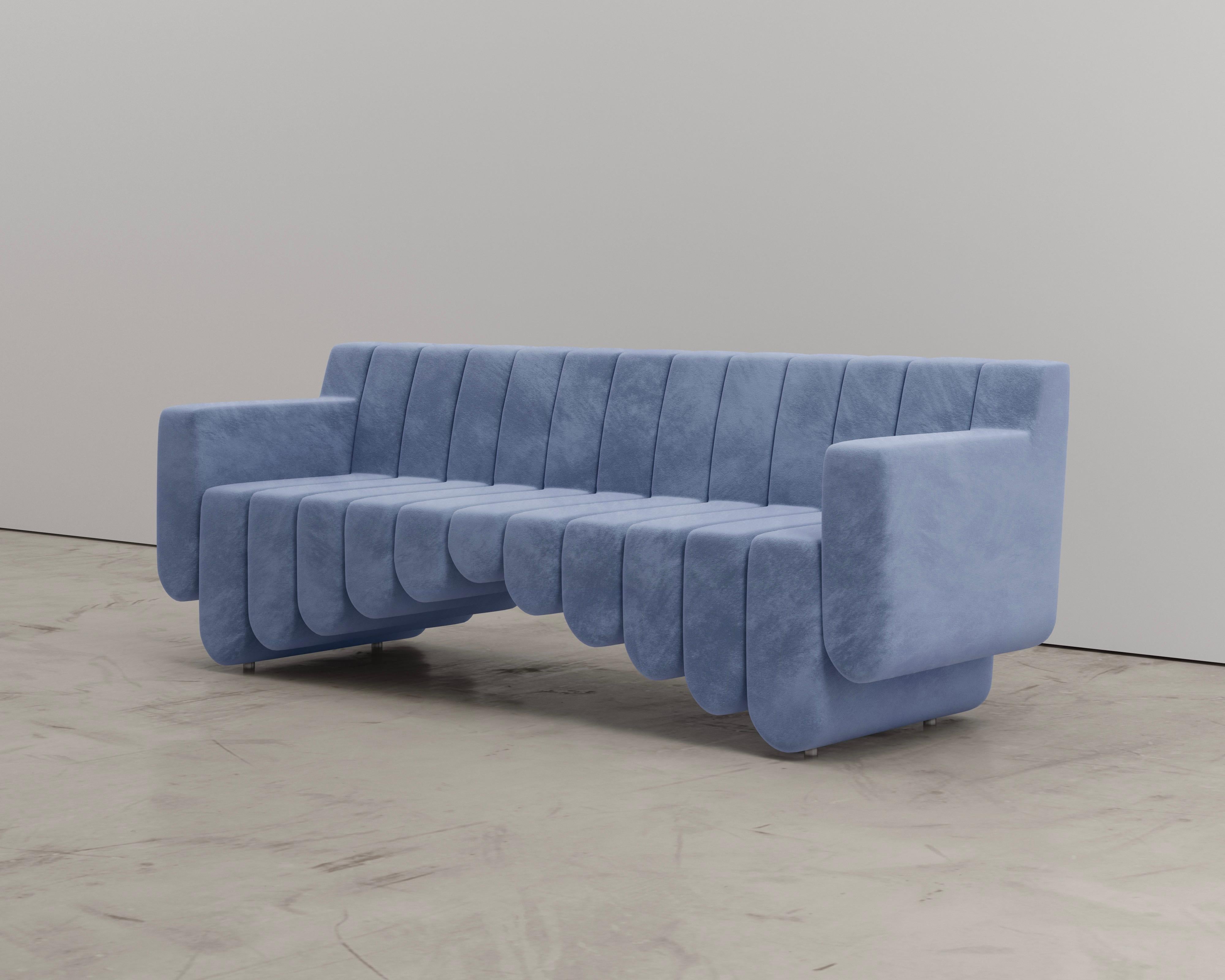 Contemporary Blue Velvet Three Seat Sofa For Sale