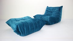 Blue Velvet Togo Lounge Chair & Ottoman by Michel Ducaroy for Ligne Roset, 1973