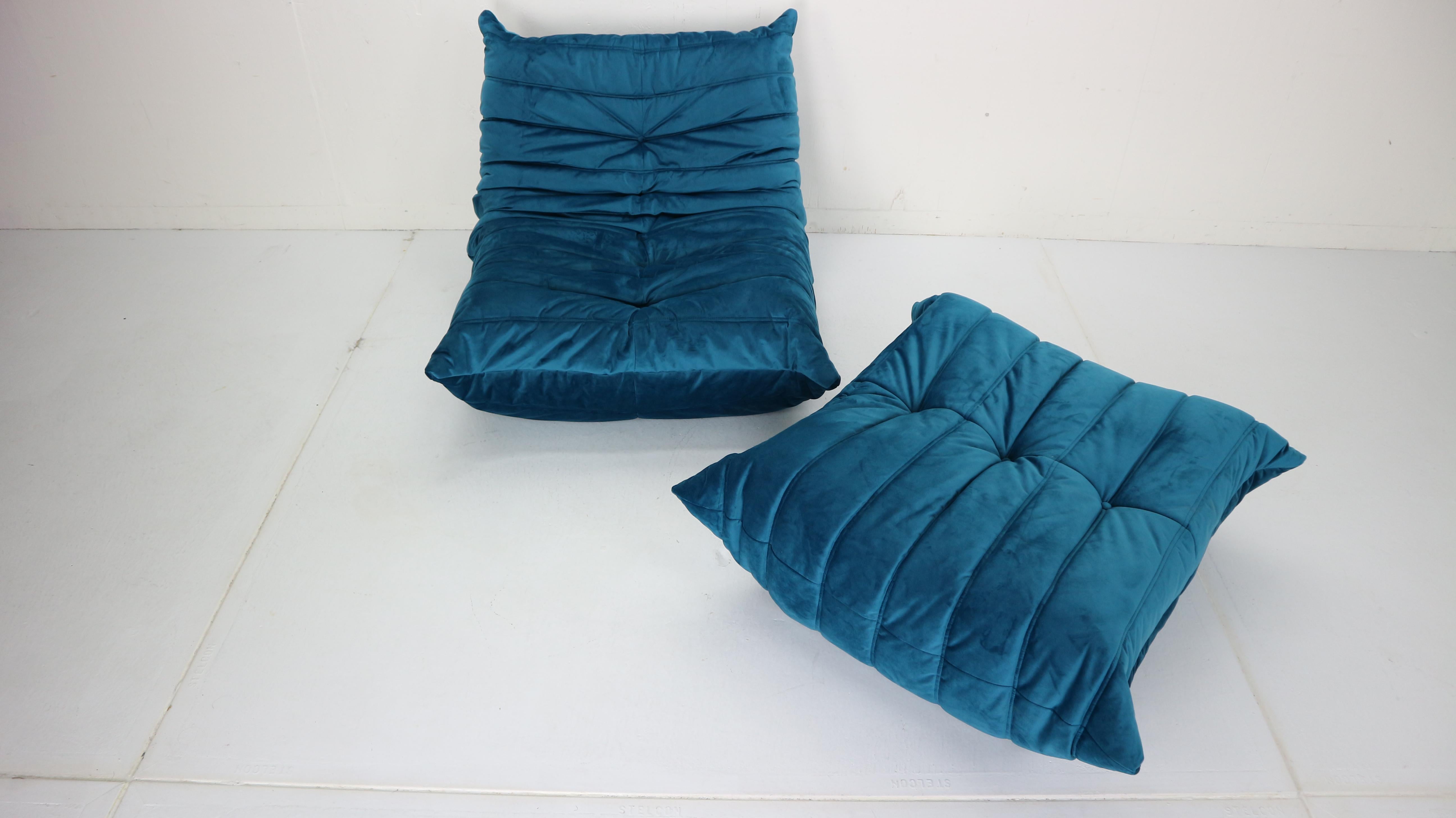 Fabric Blue Velvet Togo Lounge Chair & Ottoman by Michel Ducaroy for Ligne Roset, 1973