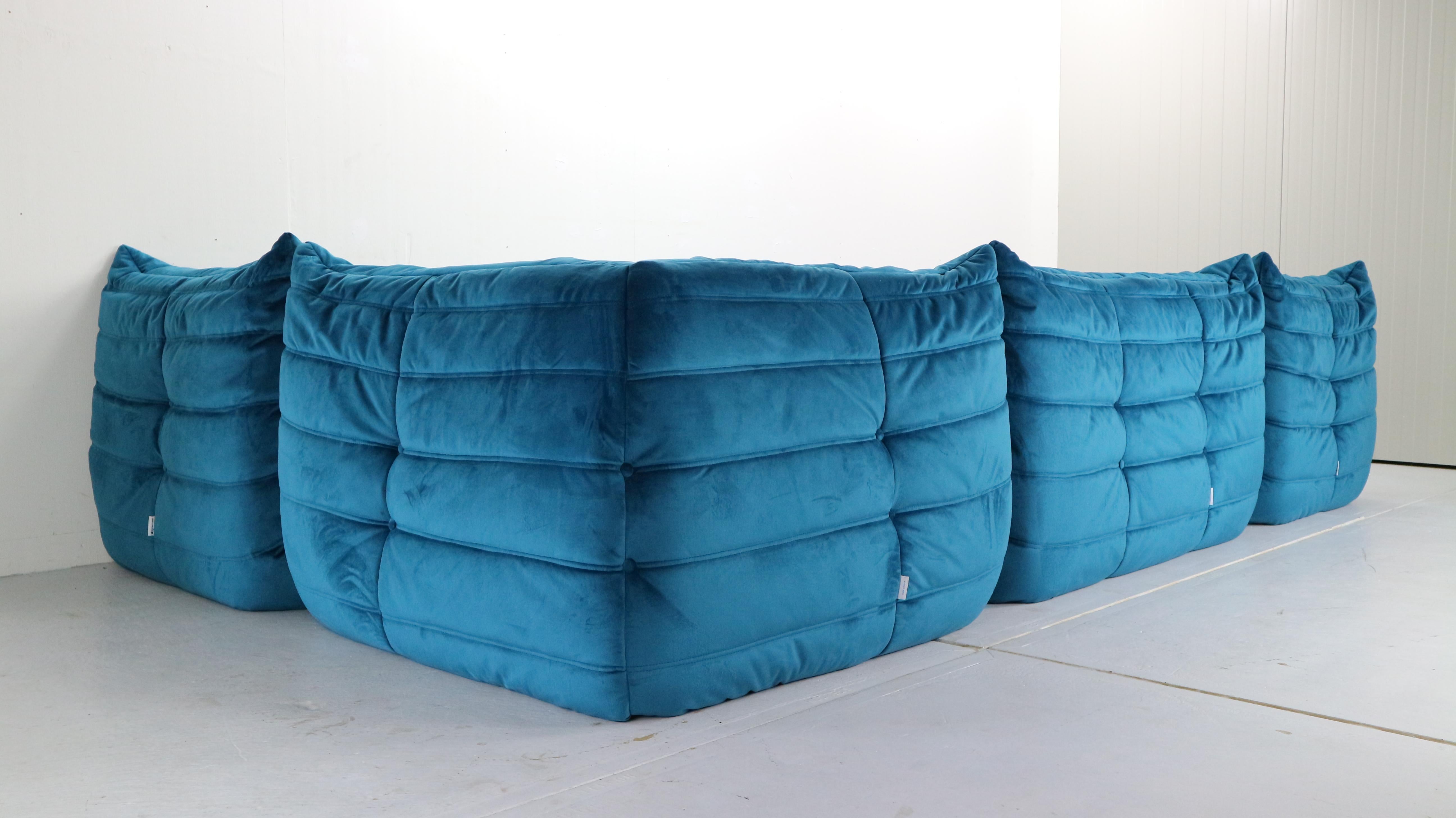 Blue Velvet Togo Sofa By Michel Ducaroy For Ligne Roset, Set of Five, 1973 2