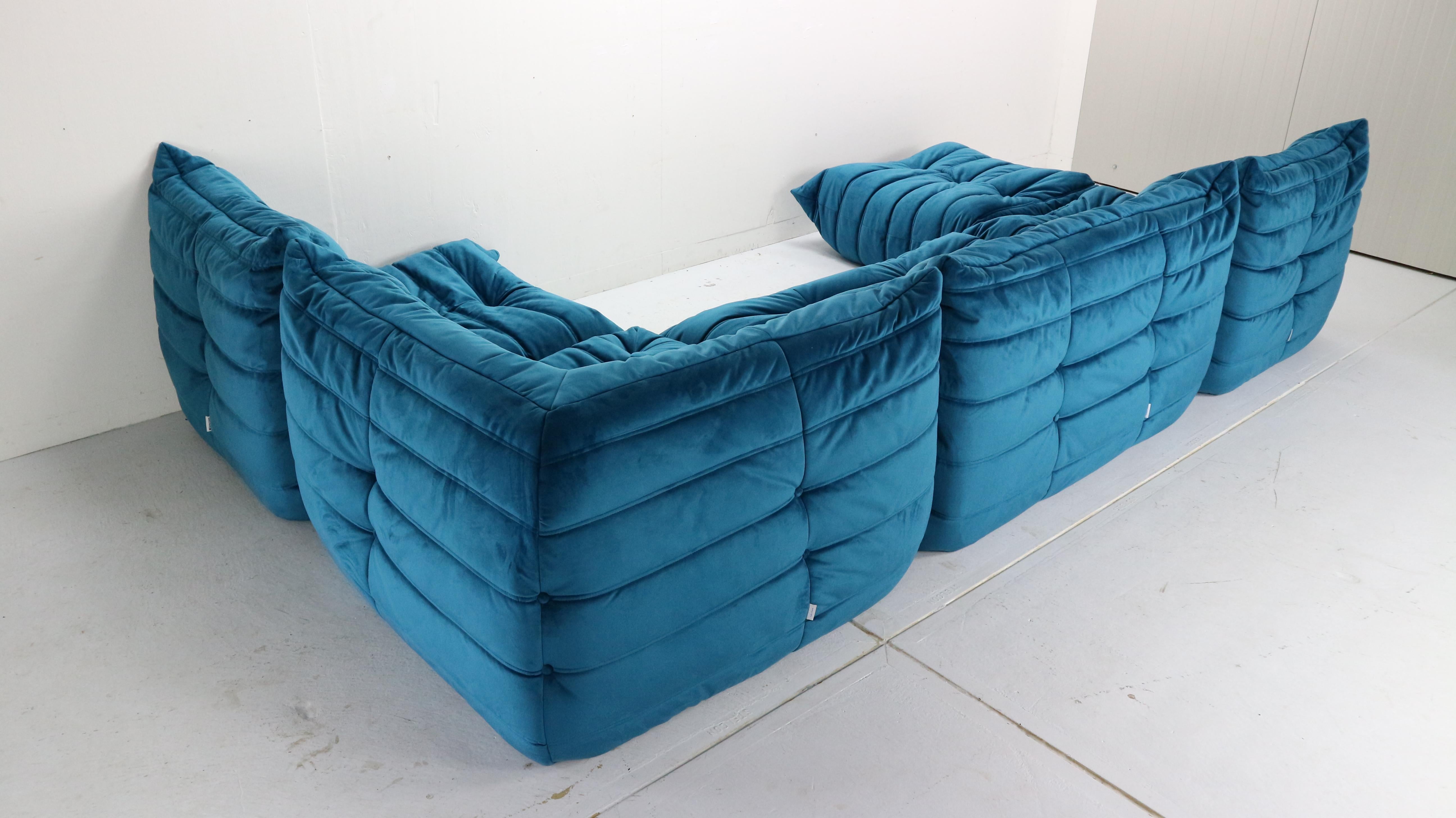 Blue Velvet Togo Sofa By Michel Ducaroy For Ligne Roset, Set of Five, 1973 3