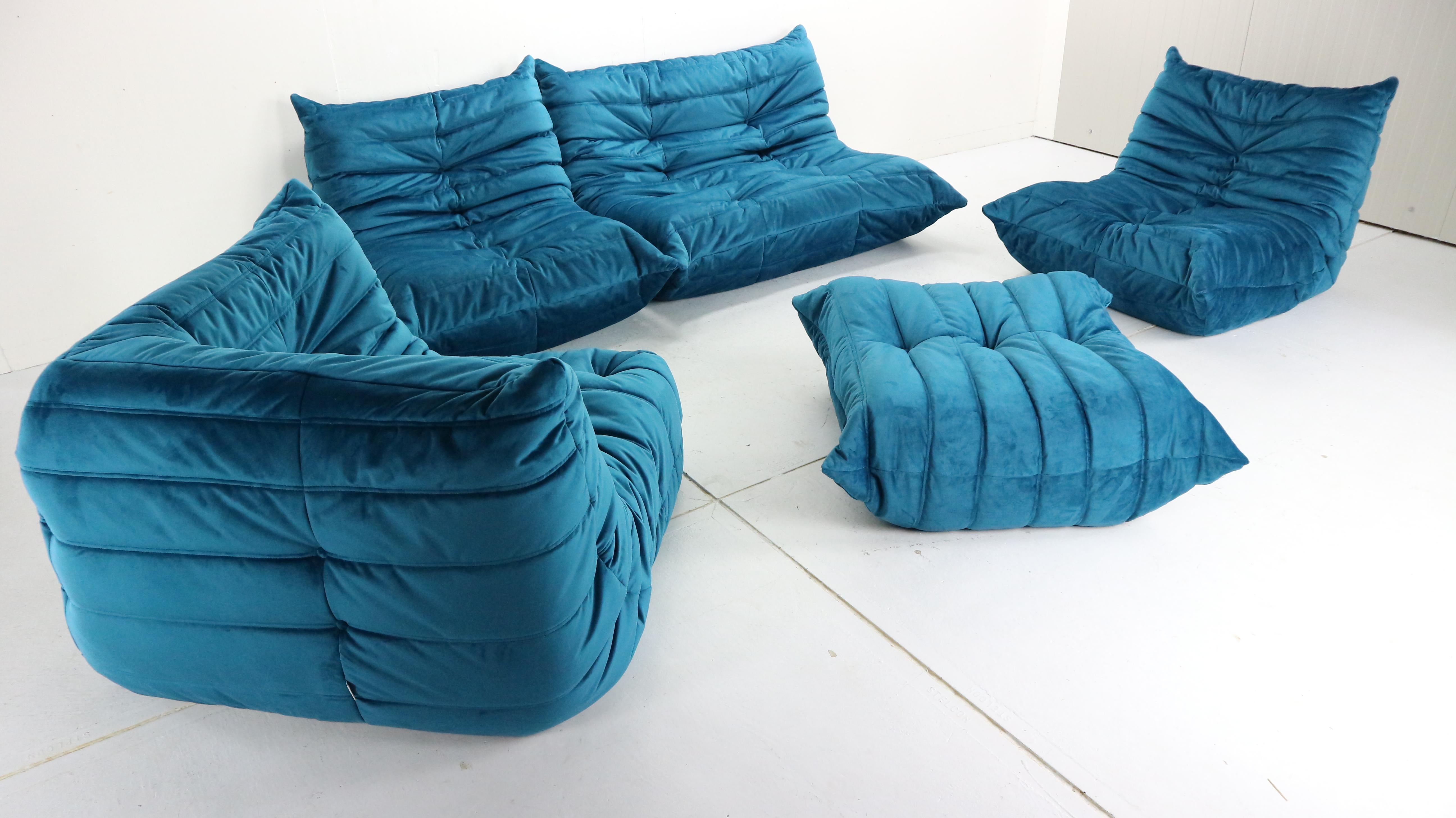 Mid-Century Modern Blue Velvet Togo Sofa By Michel Ducaroy For Ligne Roset, Set of Five, 1973