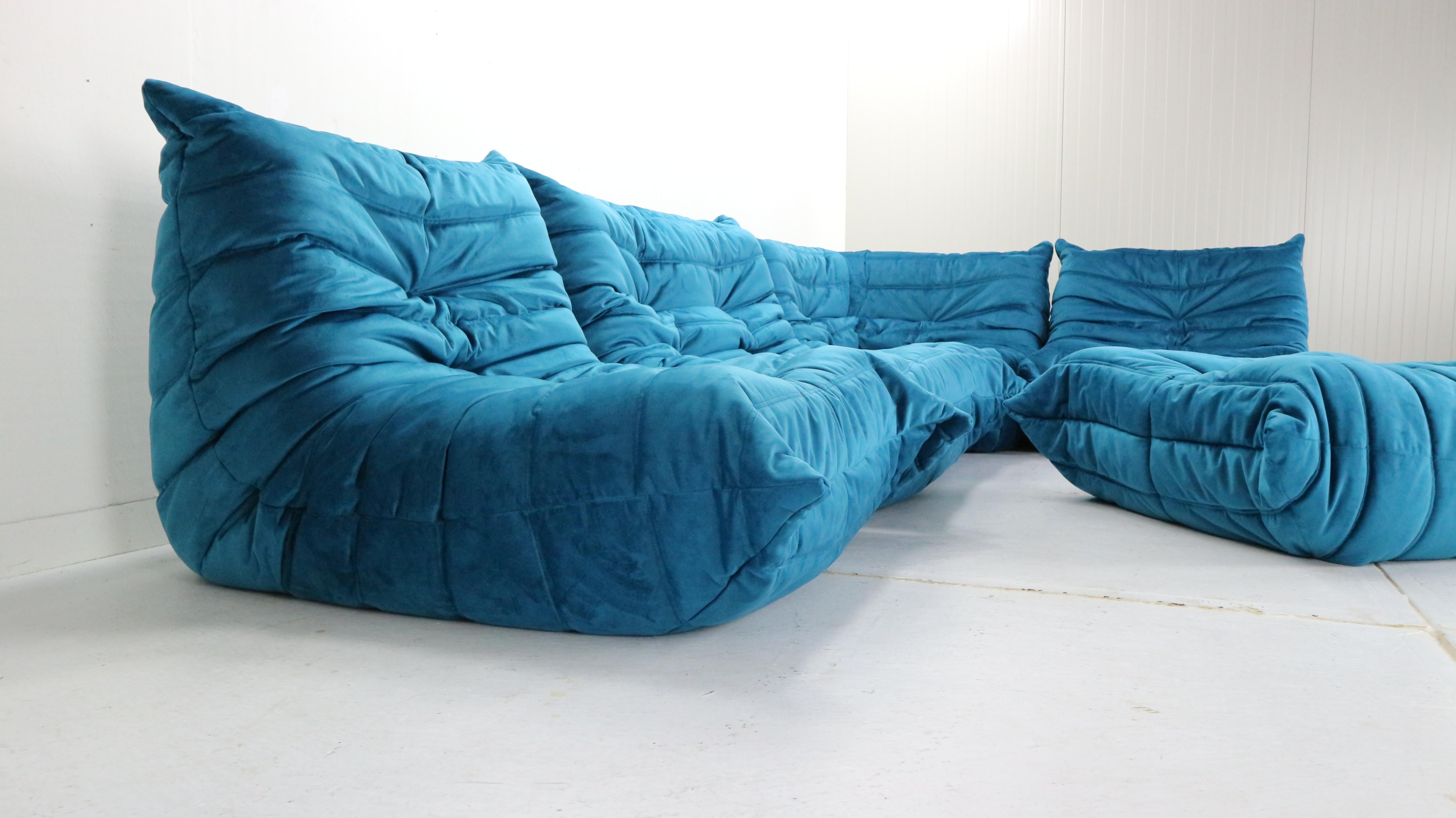 French Blue Velvet Togo Sofa By Michel Ducaroy For Ligne Roset, Set of Five, 1973