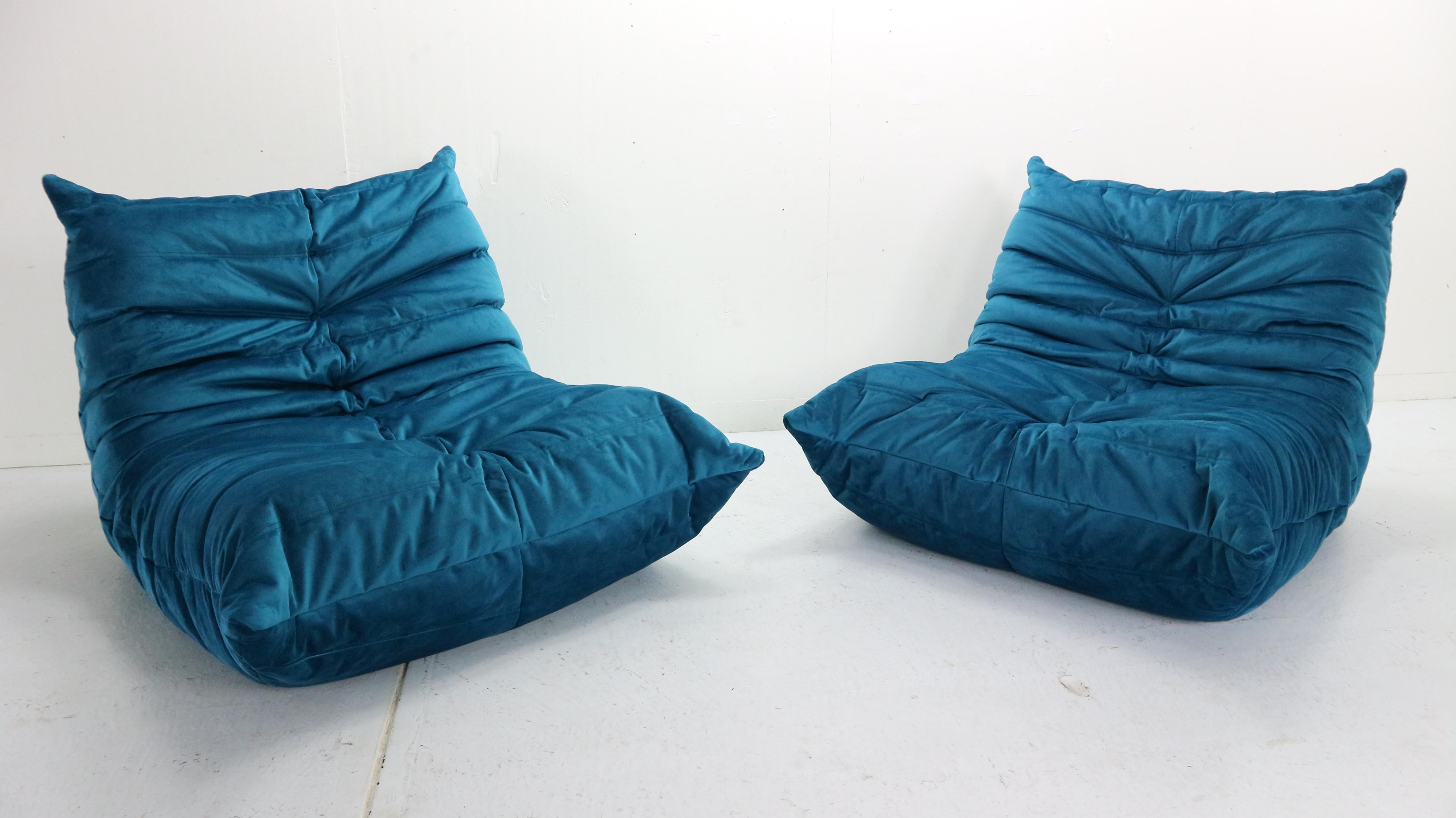 Fabric Blue Velvet Togo Sofa By Michel Ducaroy For Ligne Roset, Set of Five, 1973