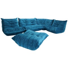 Blue Velvet Togo Sofa By Michel Ducaroy For Ligne Roset, Set of Five, 1973