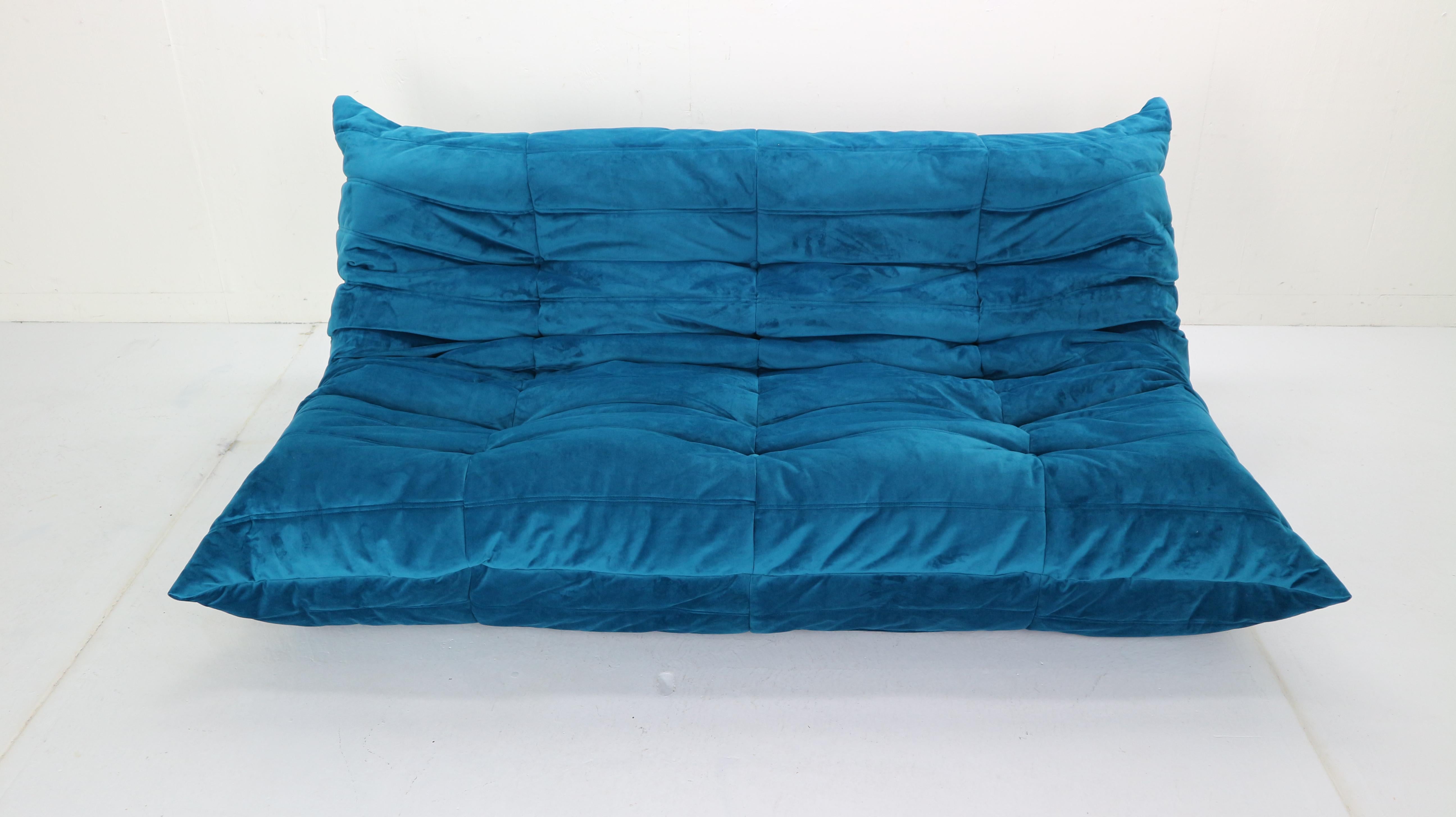 Mid-Century Modern Blue Velvet Togo Three-Seat Sofa by Michel Ducaroy for Ligne Roset, 1973