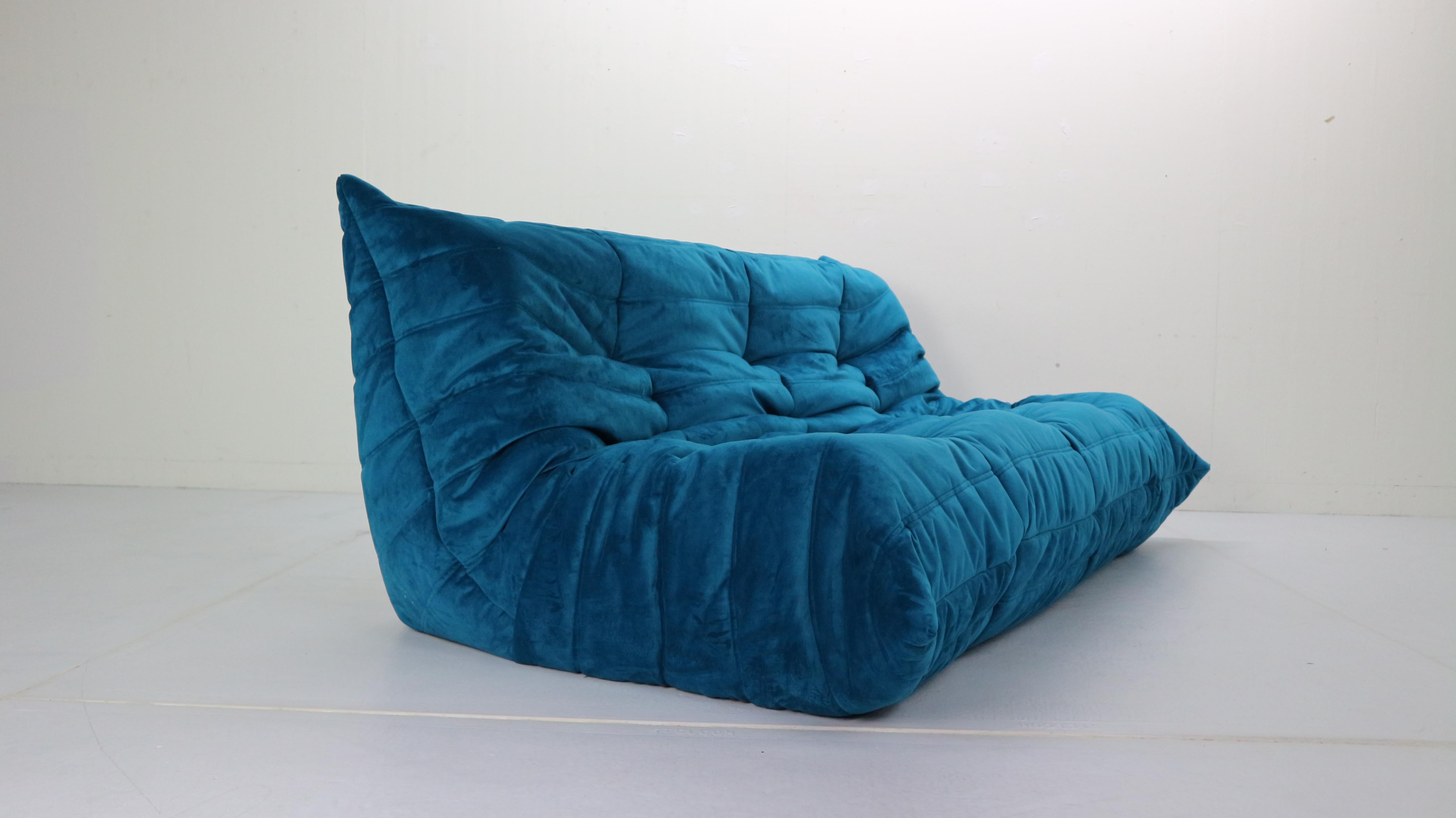 French Blue Velvet Togo Three-Seat Sofa by Michel Ducaroy for Ligne Roset, 1973