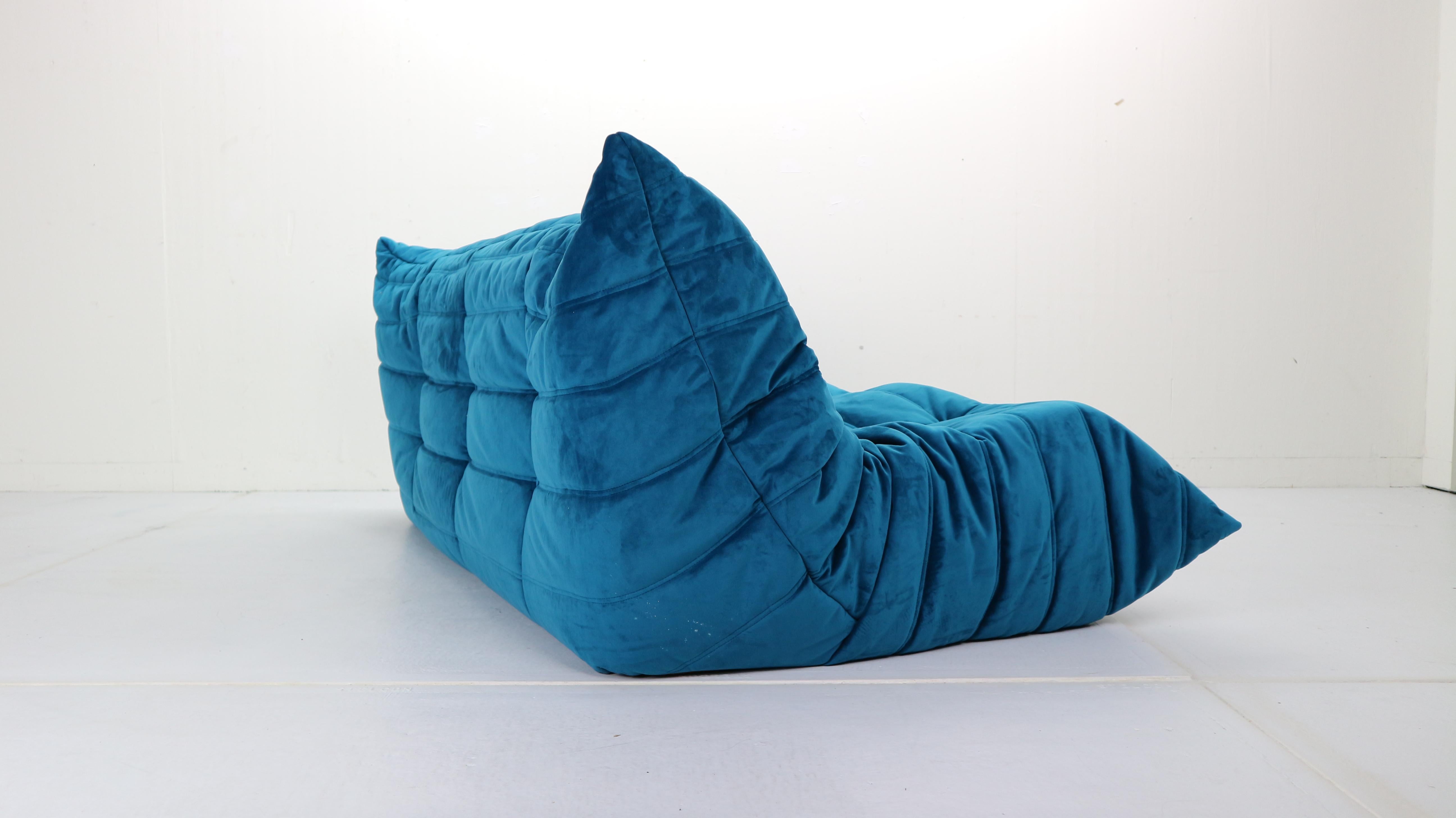 Late 20th Century Blue Velvet Togo Three-Seat Sofa by Michel Ducaroy for Ligne Roset, 1973