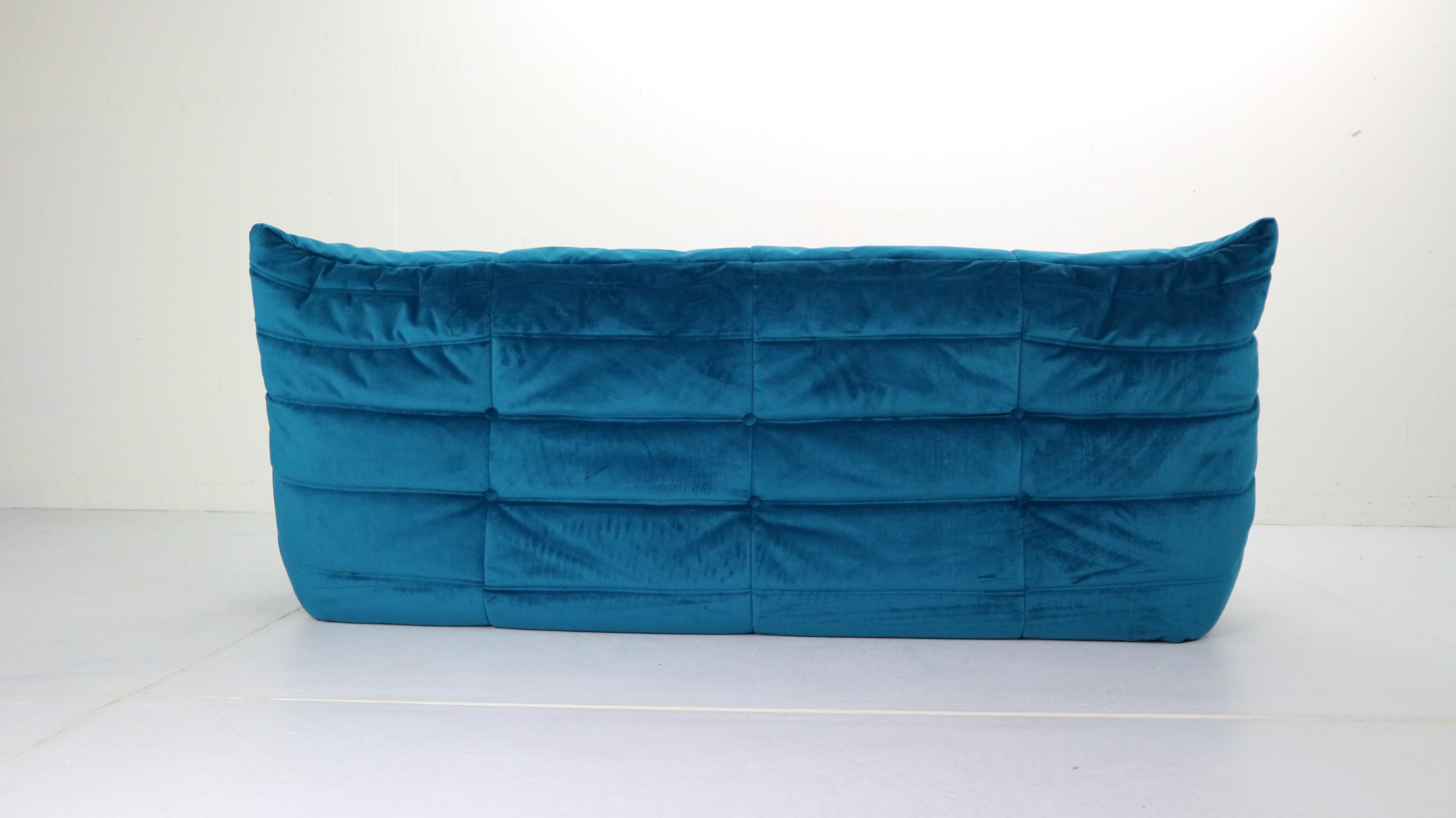 Fabric Blue Velvet Togo Three-Seat Sofa by Michel Ducaroy for Ligne Roset, 1973