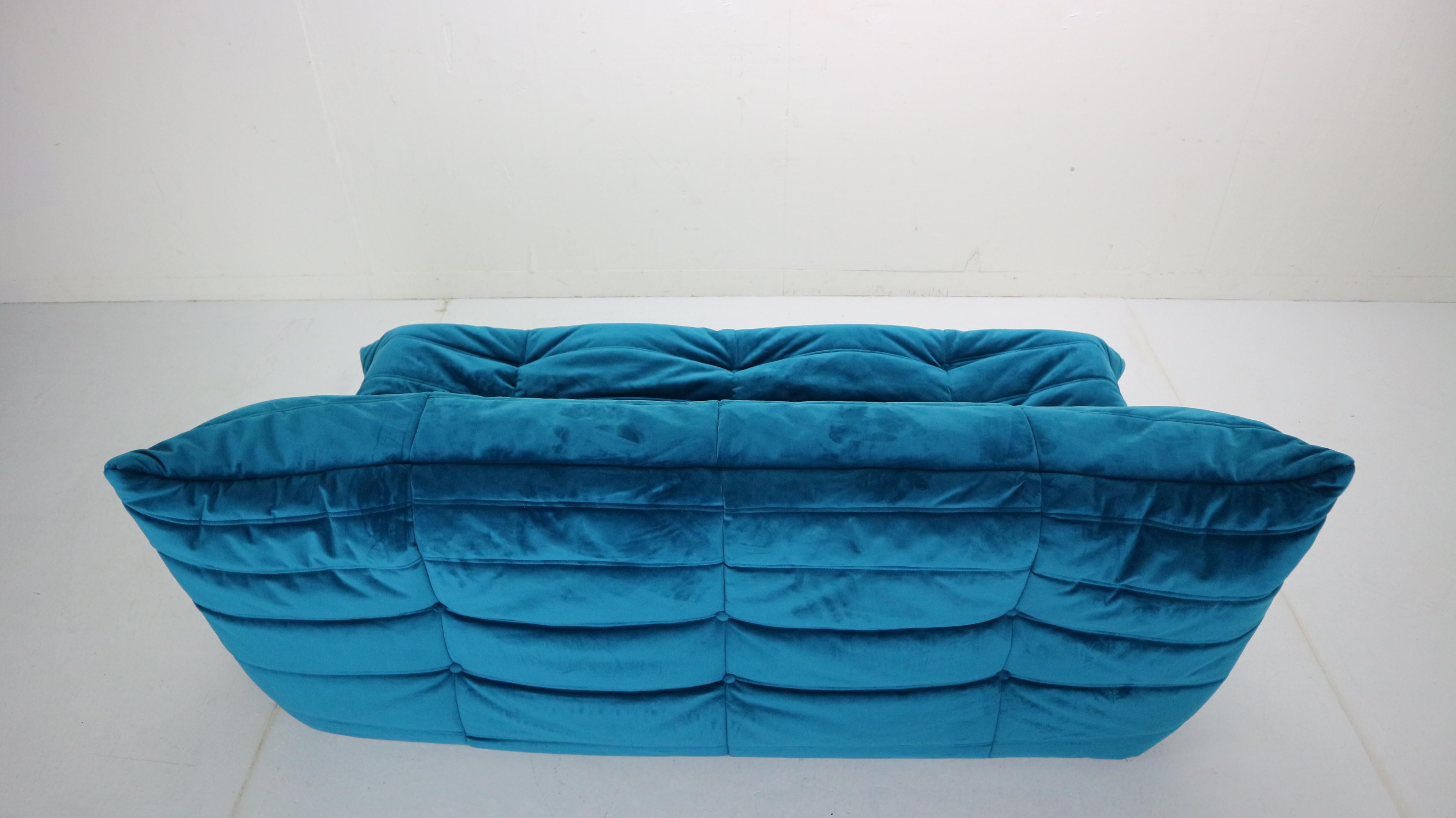 Blue Velvet Togo Three-Seat Sofa by Michel Ducaroy for Ligne Roset, 1973 1