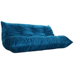 Blue Velvet Togo Three-Seat Sofa by Michel Ducaroy for Ligne Roset, 1973