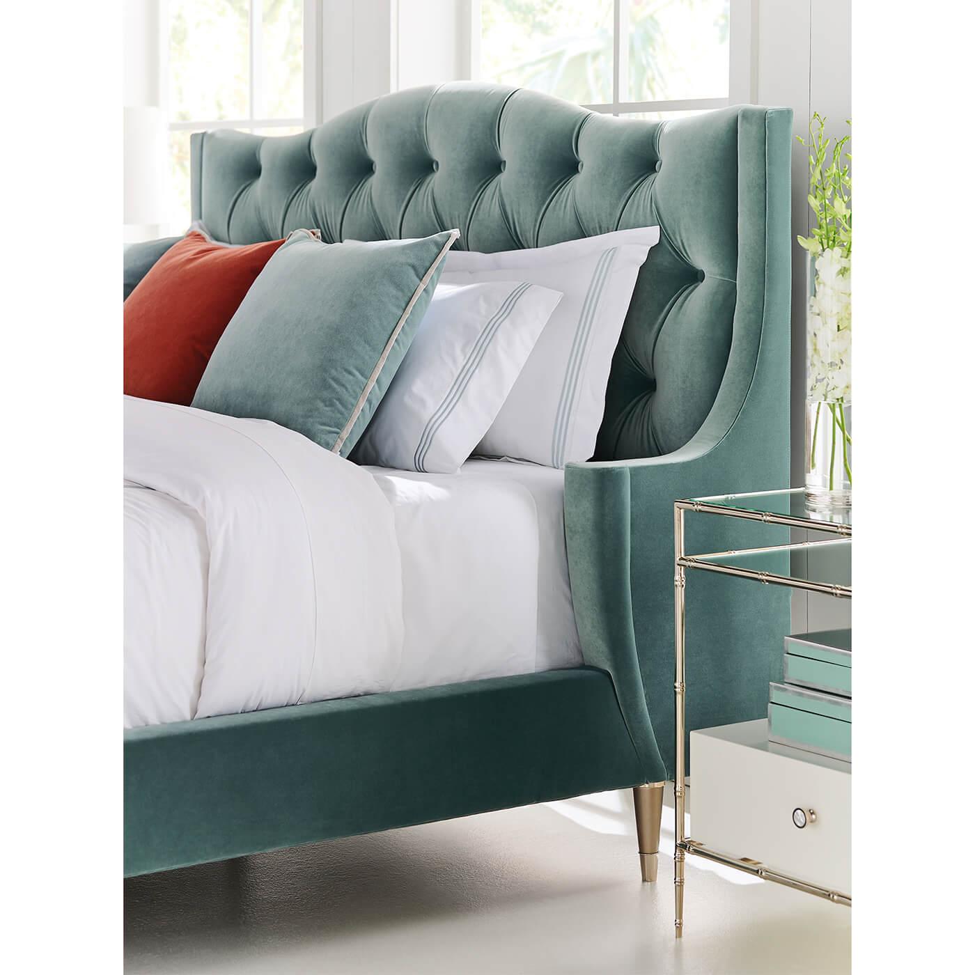 Mid-Century Modern Velvet Tufted King Bed For Sale