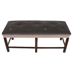 Blue Velvet Upholstered English Mahogany Bench